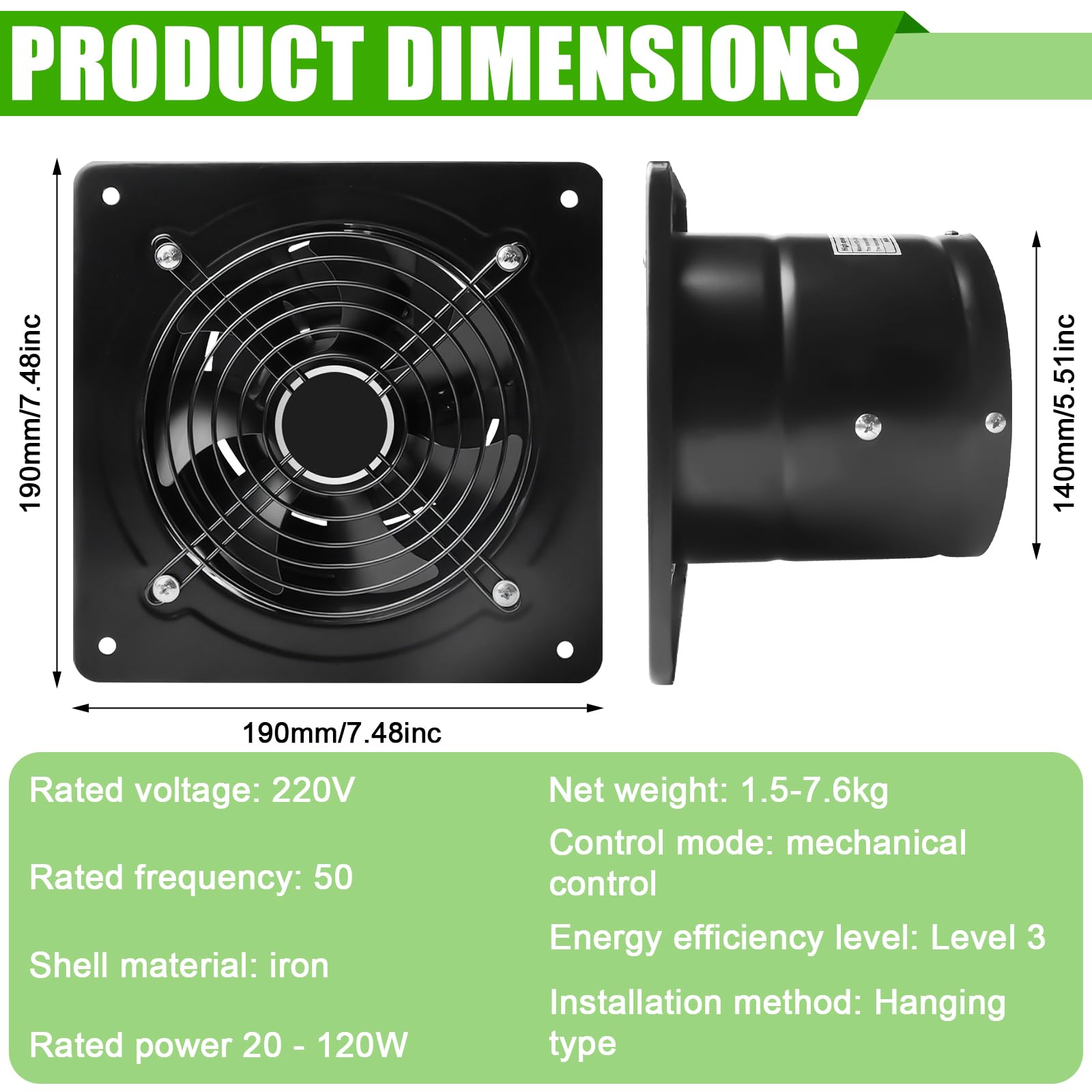 Ventilatore di scarico da 150 mm con valvola di ritorno - Potente ventilatore da bagno in acciaio inossidabile, ventilatore a parete 600 m³/h per cucina, bagno, garage, officina - Nero