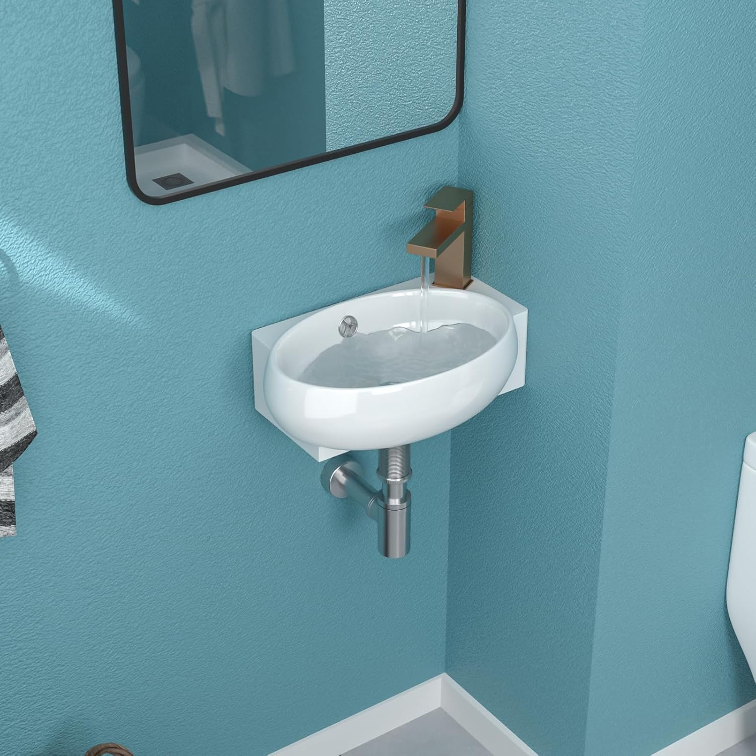 Wall Mount Vessel Sink Right Hand - 16 x 11 Inch Oval Bowl Rectangular Wall Hung Bathroom Sink Basin White Ceramic Porcelain Modern Floating Vessel Sink