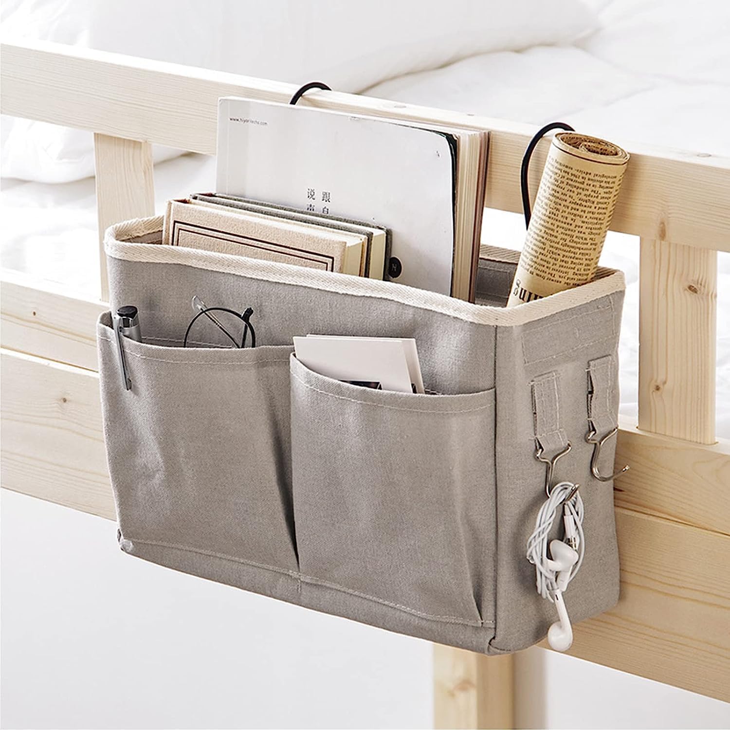 RIGJAK Bedside Storage Caddy/Bedside Hanging Storage Bag for Headboards Bunk Beds Dorm Rooms Book Phone Magazine Holder (Grey)-image-29