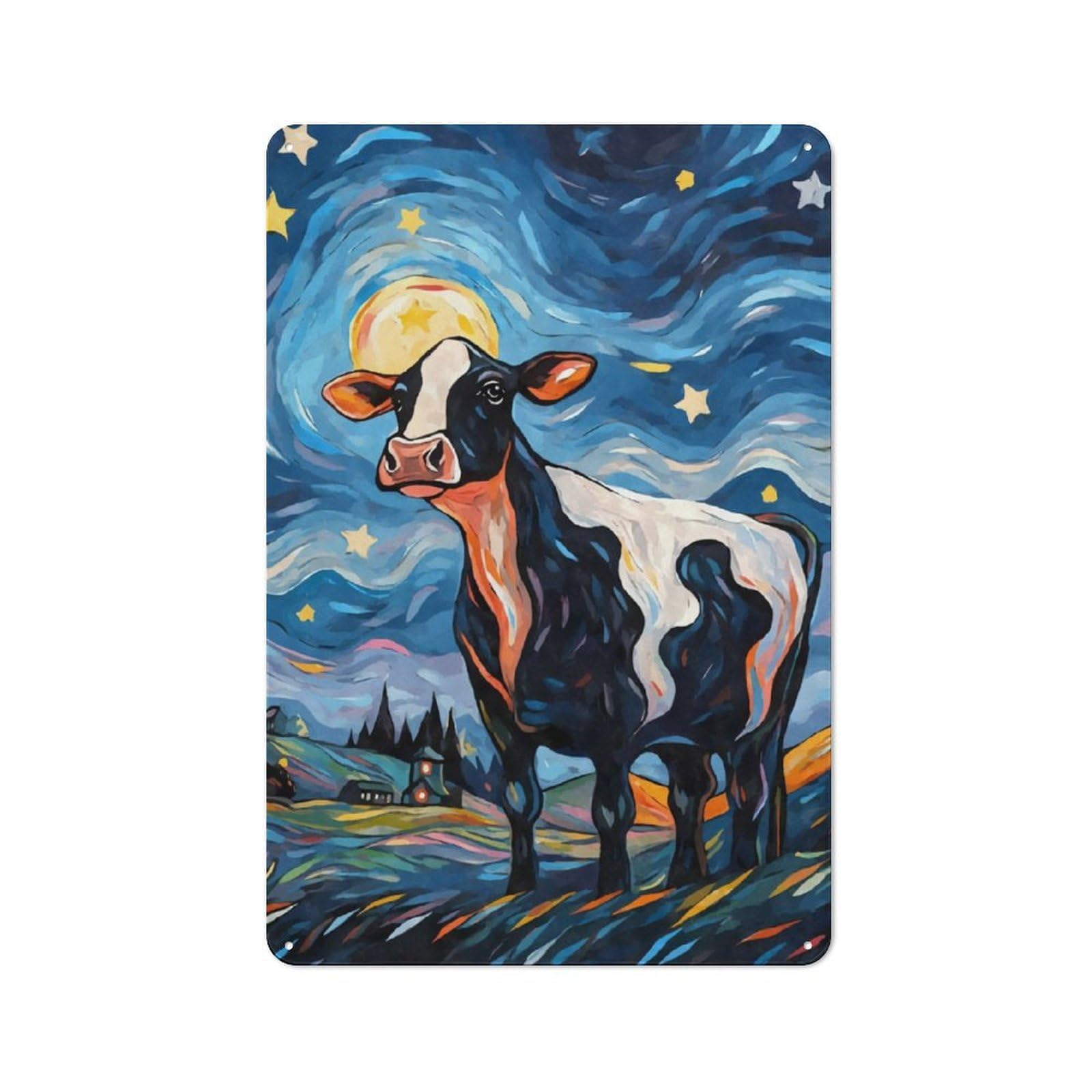 Junmoney Cow Starry Night Vintage Metal Plaque 30X20cm Featuring For Pub Or Café, Suited To Café Interior Fans