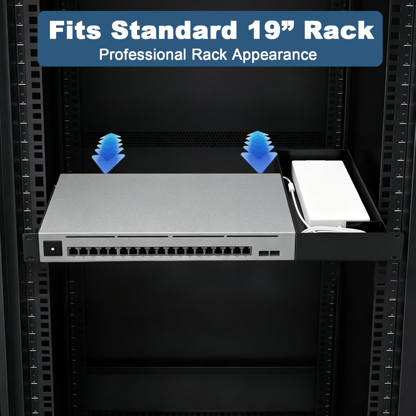 Supporto rack in metallo 1U da 19 pollici per UniFi Switch Pro Max 16 PoE, scaffale rack per server in acciaio verniciato a polvere nero Supporto per switch di rete sicuro 1U con flusso d'aria