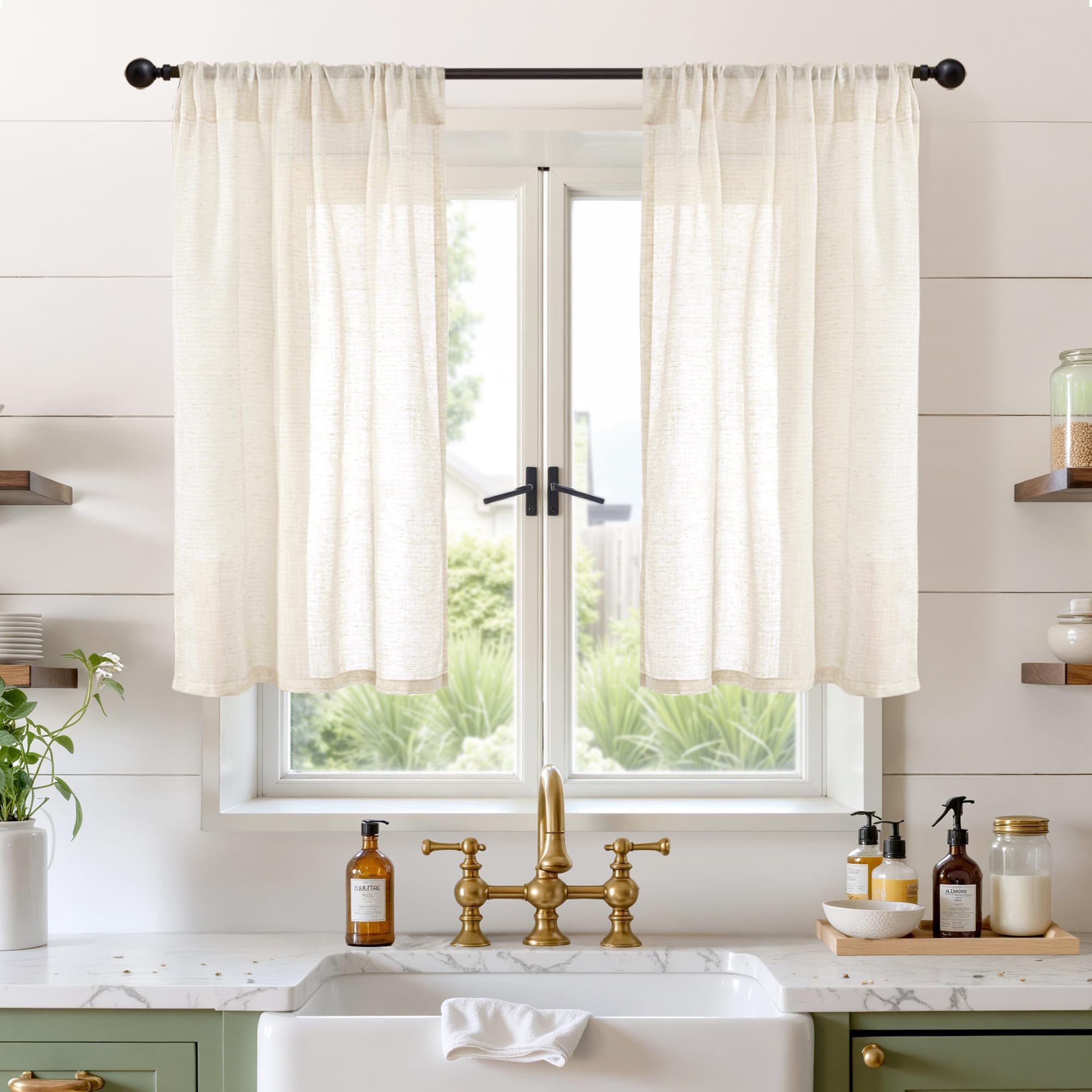 BGment Beige Linen Curtains 40 Inch Length for Short Window - Small Semi Sheer Drapes with Rod Pocket for Cafe Kitchen Bedroom Light Filtering Cream