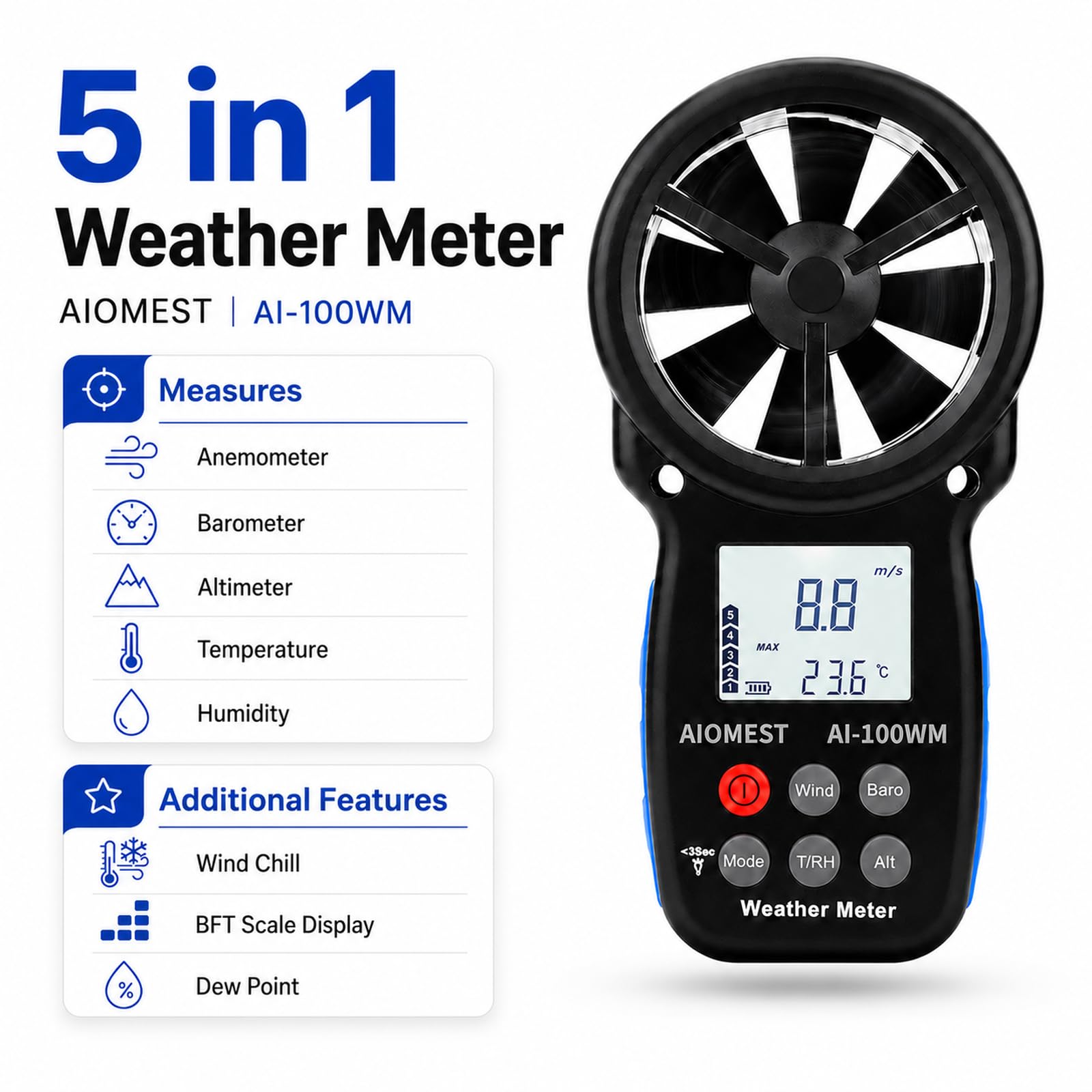 Anémomètre Numérique avec Baromètre Altimètre, AIOMEST Station Météo 100WM