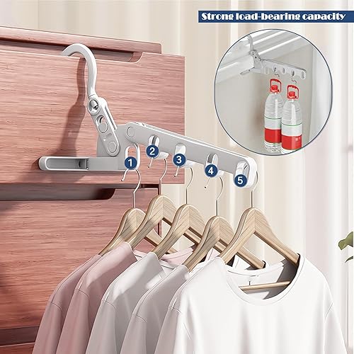 Miniatura 7 de POVOND Percha de ropa plegable gris de 2 piezas, percha de viaje portátil con 5 agujeros para balcón, baño, lavandería y viajes de campamento al