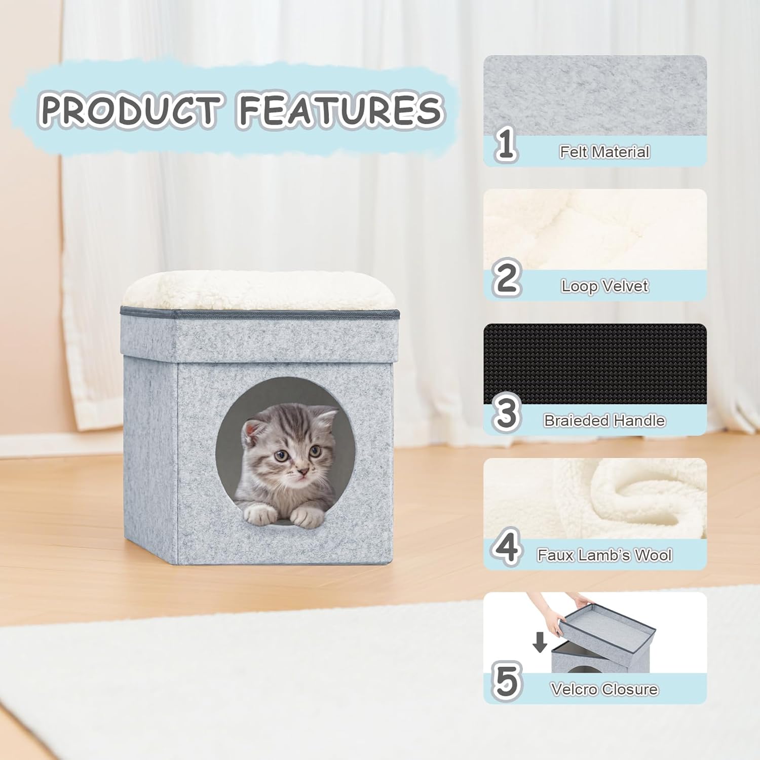 B FSOBEIIALEO Cat House Cube Small Dog Cubes For Indoor Cats Folding Cat Ottoman, Cat Cave, Stackable Cat Condo For Kitten, With Removable Soft Sleeping Bed, Felt And Engineered Wood 12.6"(Light Grey)