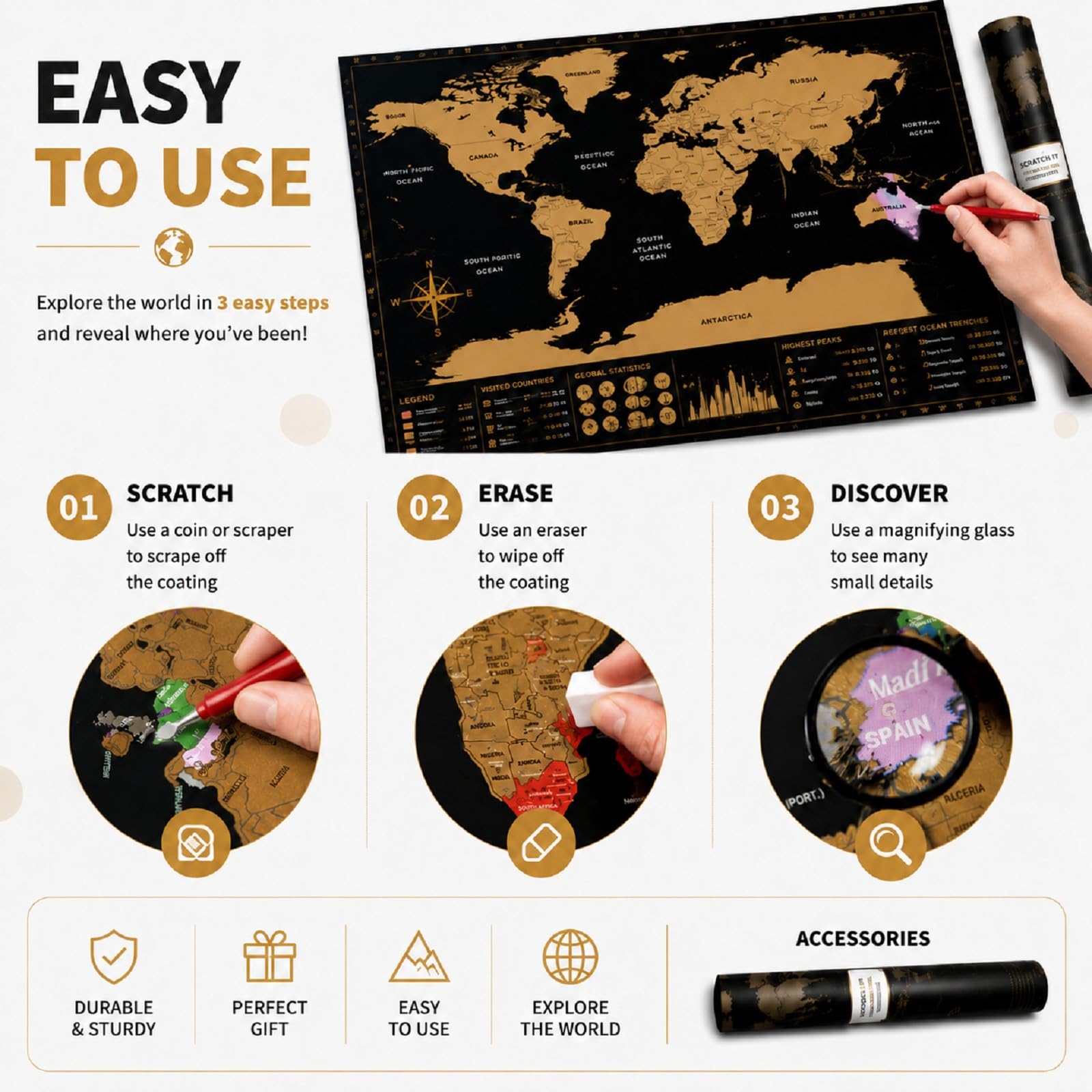 Carte Détaillée à Gratter du Monde, Hillylolly Carte du Monde à Gratter, Carte Monde de Voyage & Poster, Scrape Off World Map, Scratch Off Travel Map, 42.5 * 30 cm, Emballage Tube Carton