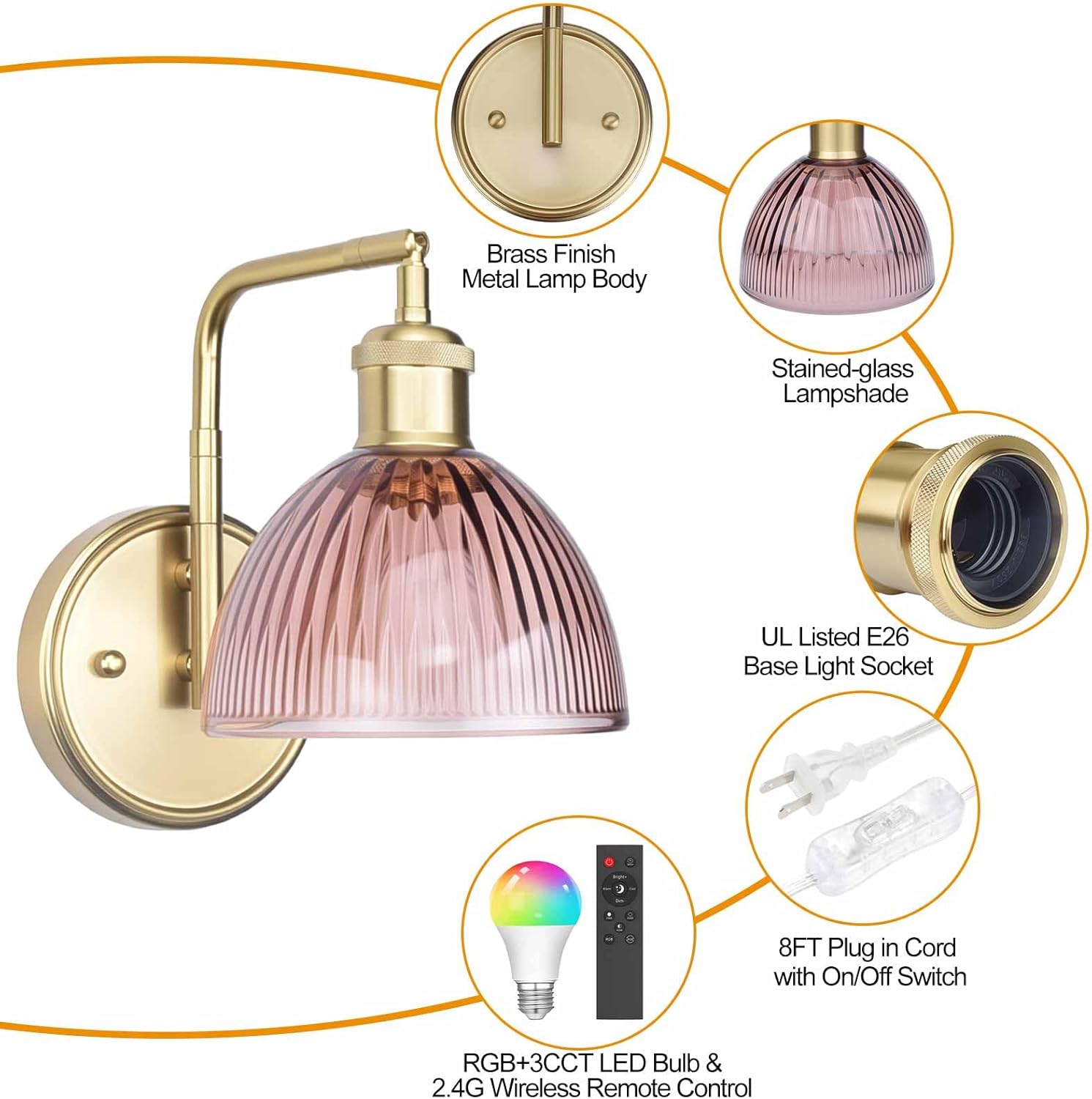 Swing Arm Wall Sconce, Plug in or Hardwired Gold Wall Lamp with Coffee Brown Stripe Ribbed Glass Shade, Modern Remote Dimmable RGBW LED Bulb Light Fixture for Living Room Bedroom Bedside Bathroom