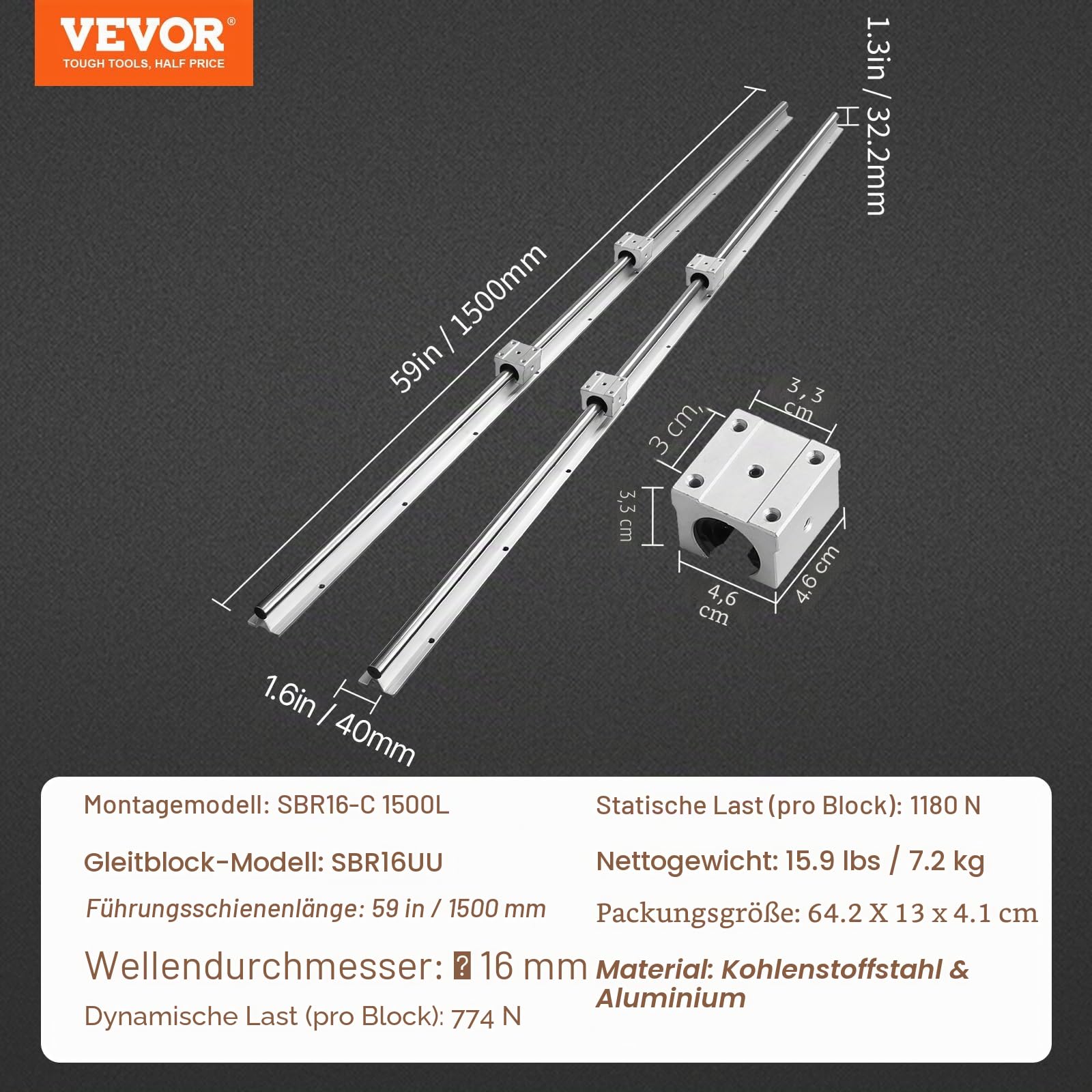 VEVOR SBR16 Linearführungsschienen 1500 mm 2 Stück Linearschiene 4 Stück Lagerblock SBR16UU Linearlager Gleit-Kit für CNC-Fräsmaschinen