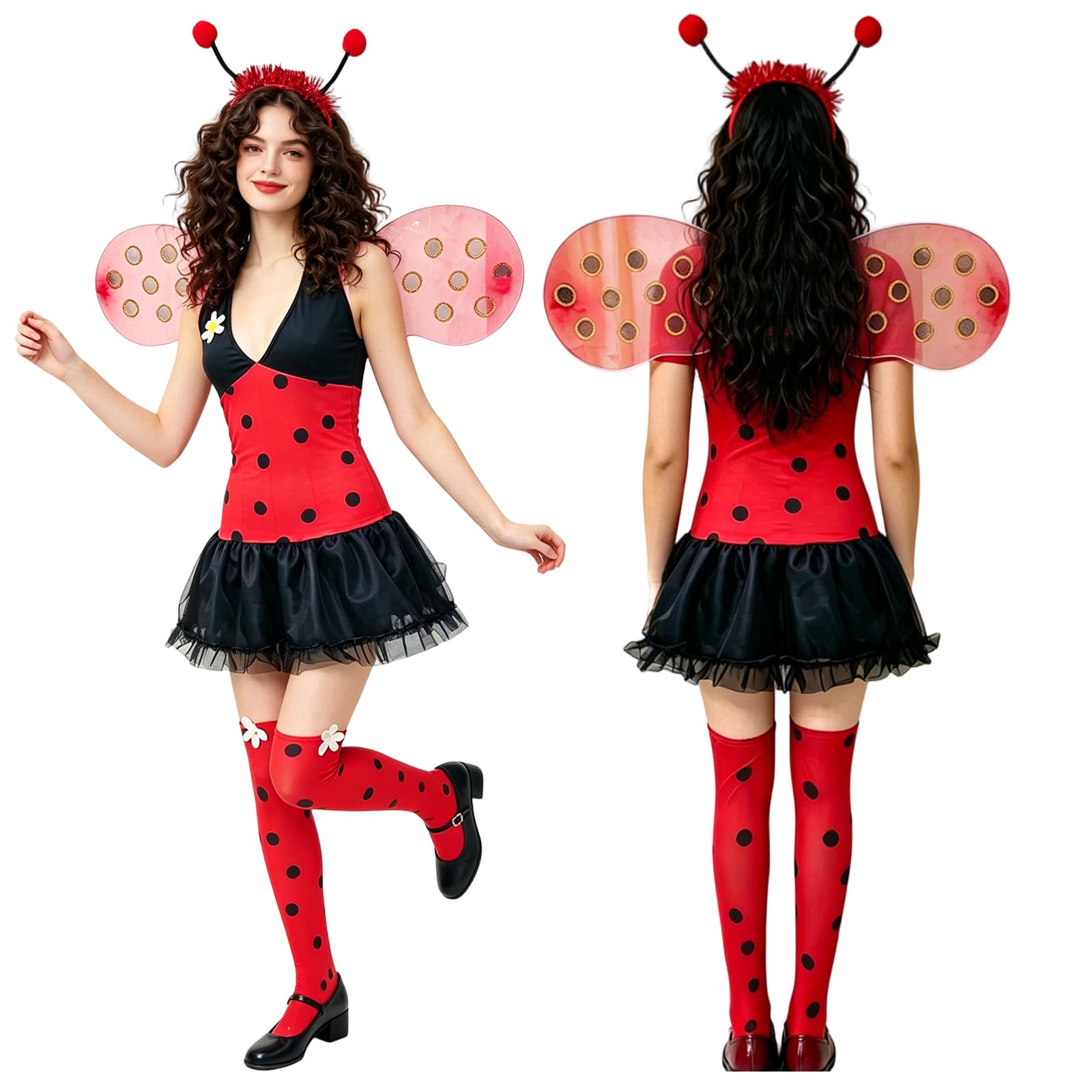 Gliswaieuznd Women Ladybug Costume Halloween Polka Dot Mini Tulle Dress Cosplay Outfit (Red, L)