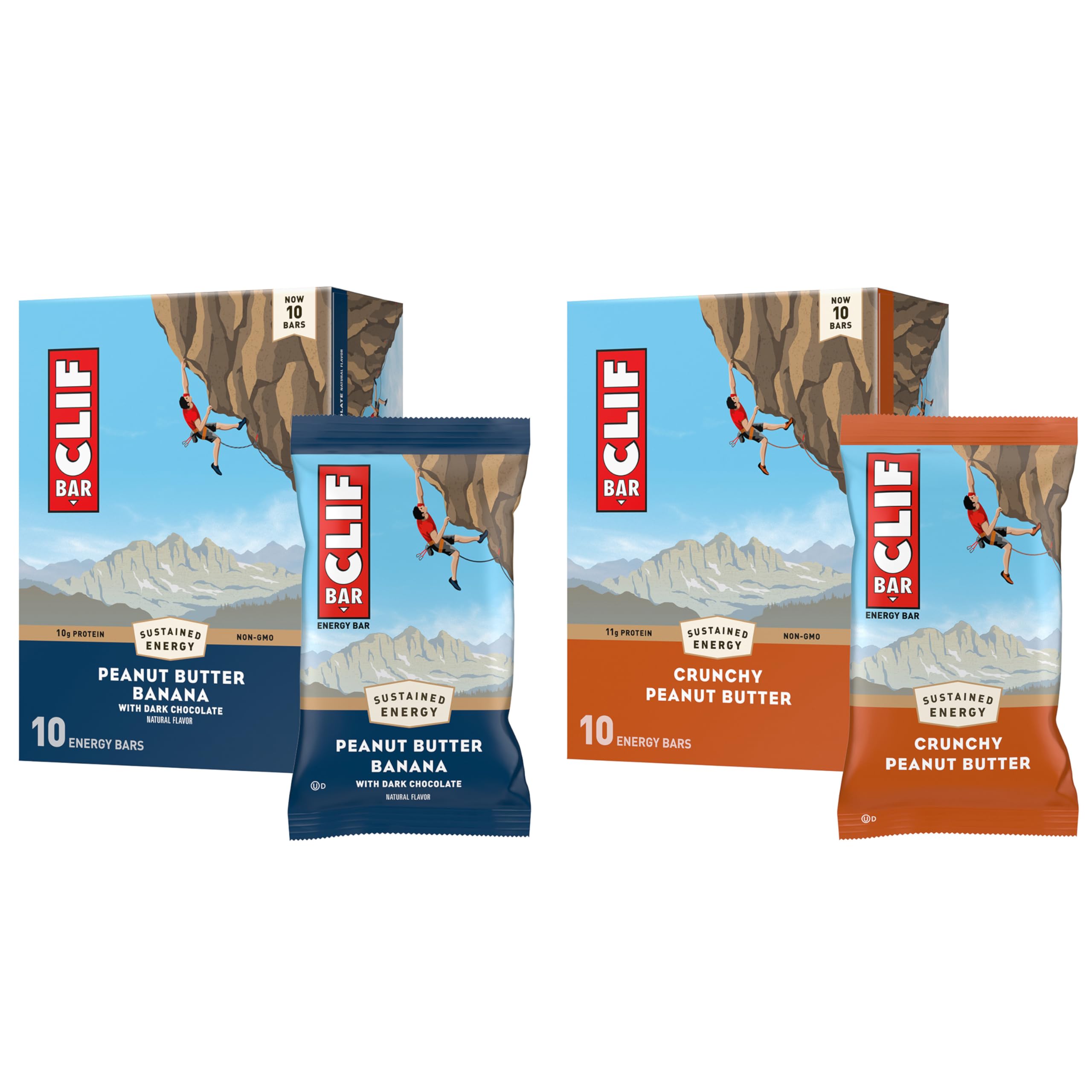 CLIF BAR - Energy Protein Bars - Crunchy Peanut Butter and Peanut Butter Banana with Dark Chocolate - Variety Pack - Made with Organic Oats - Energy Bars - Non-GMO - (20 Pack)