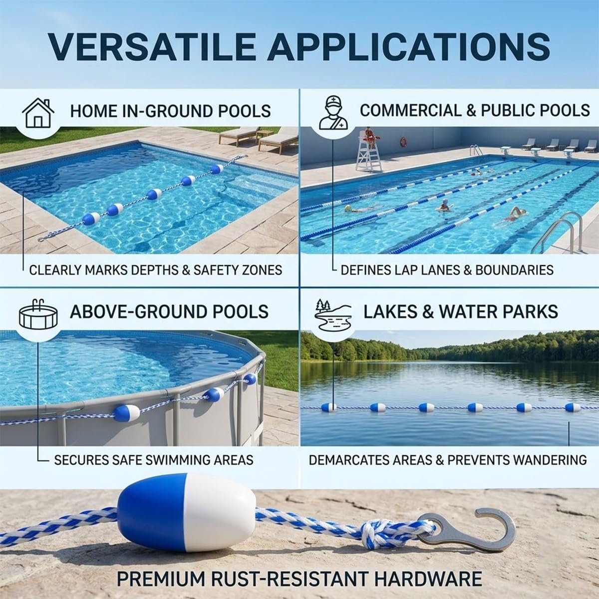 Cordes de piscine haute visibilité - Kit de séparation de ligne de sécurité flottante de 23 m avec crochets, idéal pour les piscines enterrées et extérieures, balise de couloir de nage, dura