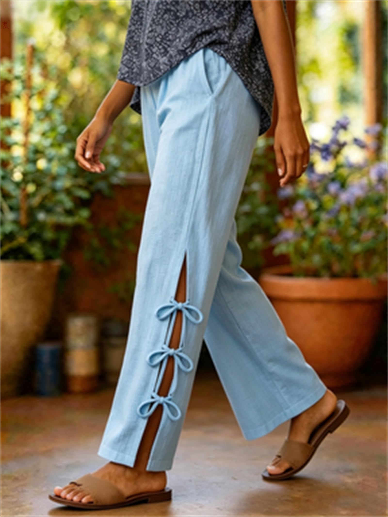 Pantaloni da Donna Casual in Misto Cotone e Lino, vestibilità Ampia, Tinta Unita, Vita Elasticizzata, Spacchi Laterali e Cintura da Annodare; Stile Estivo Boho con Nodo Laterale