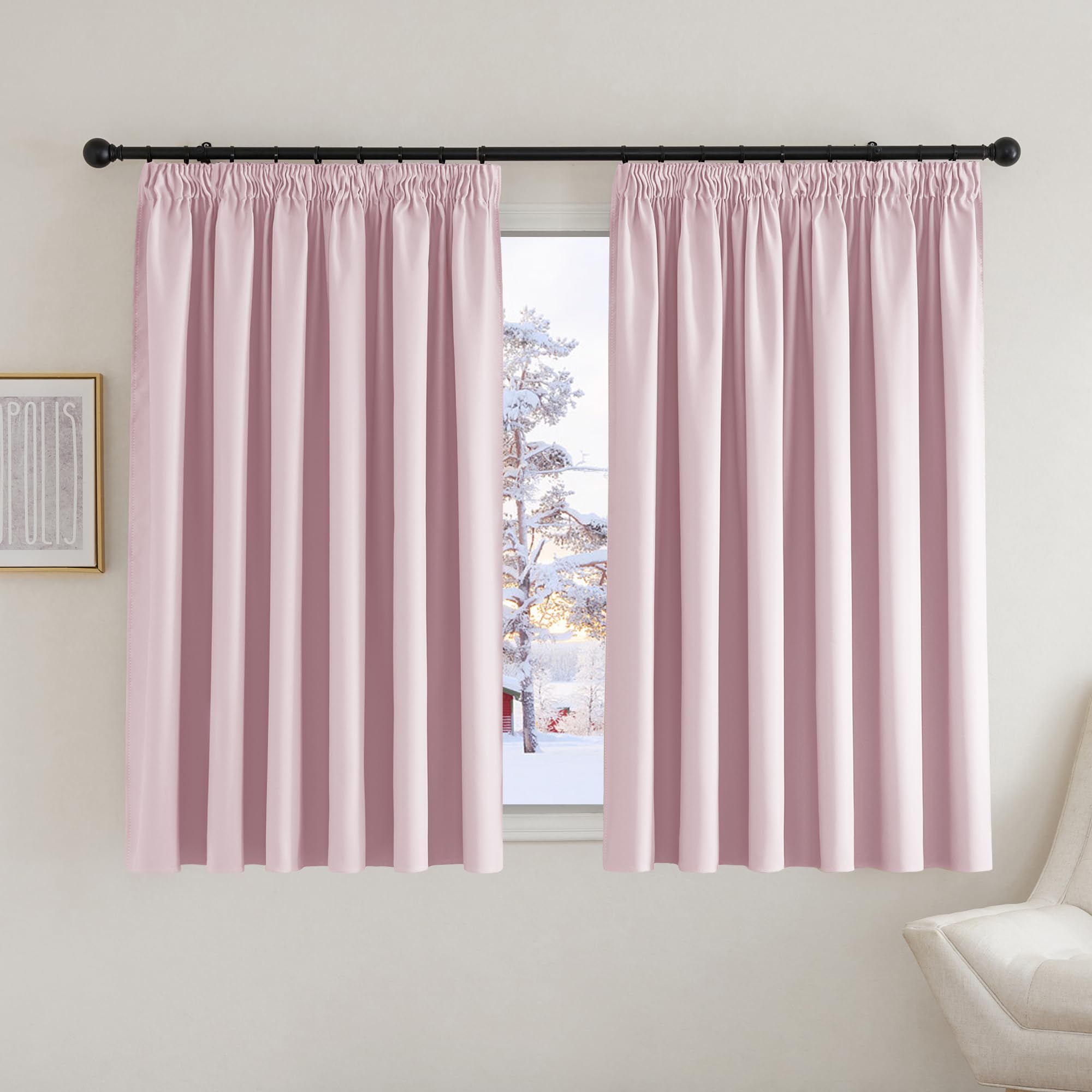 PONY DANCE Pink Thermal Pencil Pleat Curtains for Girls Bedroom 54 Inch Drop Kids Blackout Curtains Extra Wide Curtains for Nursery with Hooks for Track 2 Panels