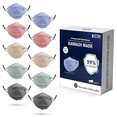 Kawach Mask by IIT Delhi Startup, Washable and Reusable, Face Mask with Adjustable Ear Loop, 99% Protective Mask for Men/Women/Kid (Multicolor), Size XS, S & M )