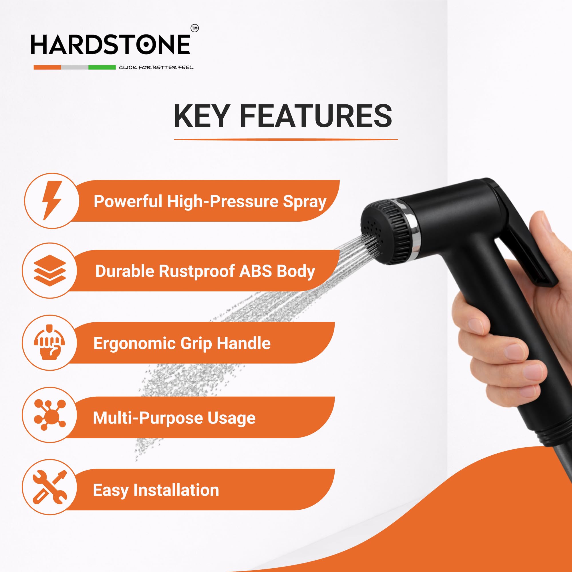HARDSTONE Health Faucet for Bathroom with 1 Year Warranty | High Pressure Jet Spray Gun | Rustproof ABS Body with 1.2m Hose & Holder | Superior Hygiene & Multipurpose Cleaning | Black 4