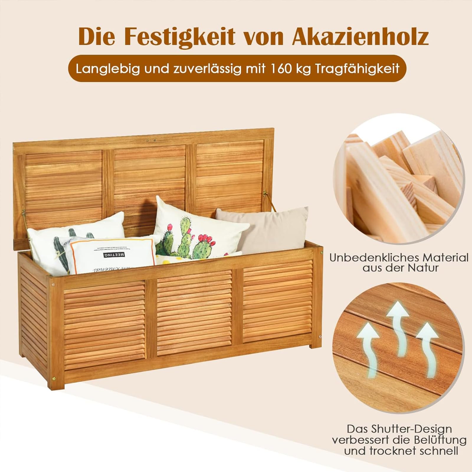 GOPLUS Gartenbox Auflagenbox 178 L, Aufbewahrungsbox Garten mit Stauraum, Kissenbox Akazienholz, Holztruhe mit Deckel groß, Gartentruhe Gartenbank Kissentruhe Outdoor Box für Terrasse, Veranda, Balkon