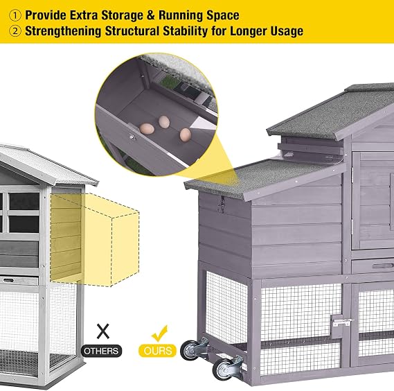 Aivituvin Chicken Coop Outdoor with Wheels and Nesting Box, Mobile Hen Duck House Wooden Poultry Cage with Run, Waterproof Roof (Grey)