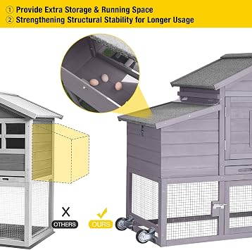 Aivituvin Chicken Coop Outdoor with Wheels and Nesting Box, Mobile Hen Duck House Wooden Poultry Cage with Run, Waterproof Roof (Grey)
