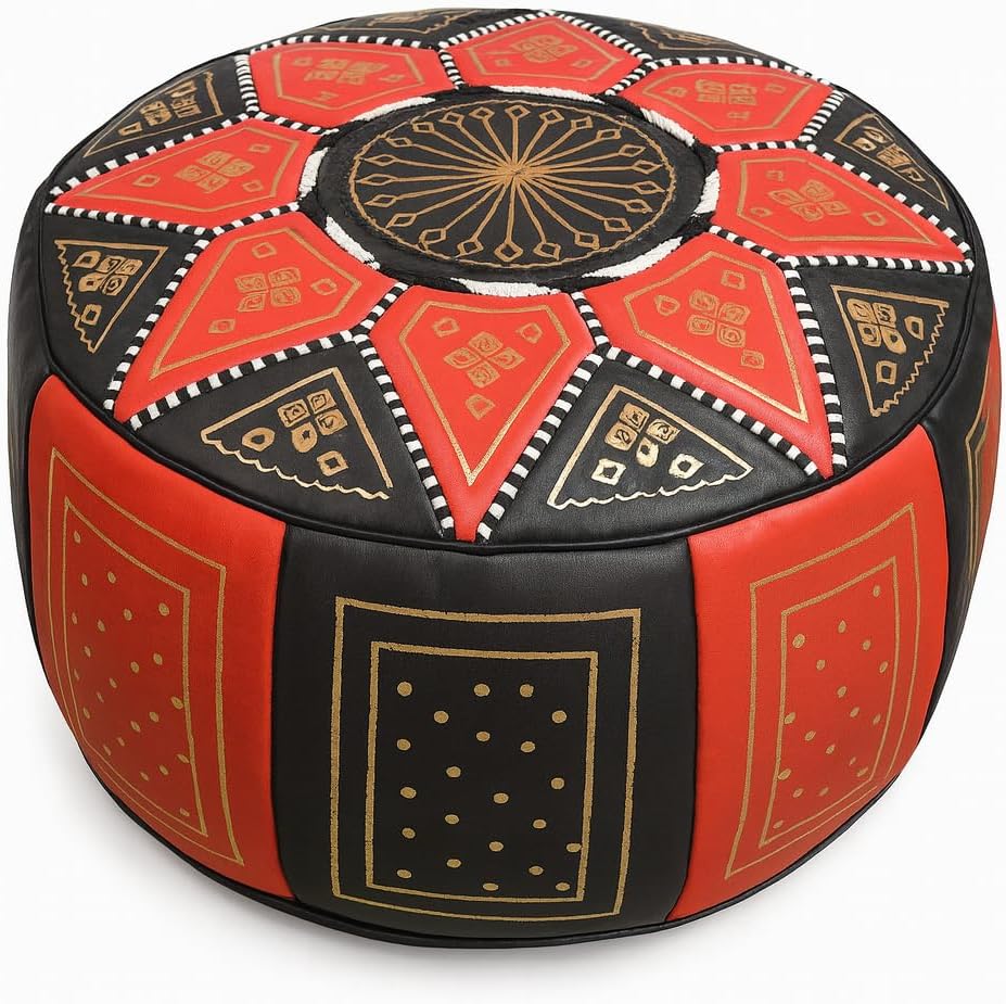 Treasures Of Morocco Handmade Moroccan Leather Pouf Ottoman – 100% Genuine Leather Round Footstool, Comfortable Home Décor Accent, Available in 20 Unique Designs (Turquoise)