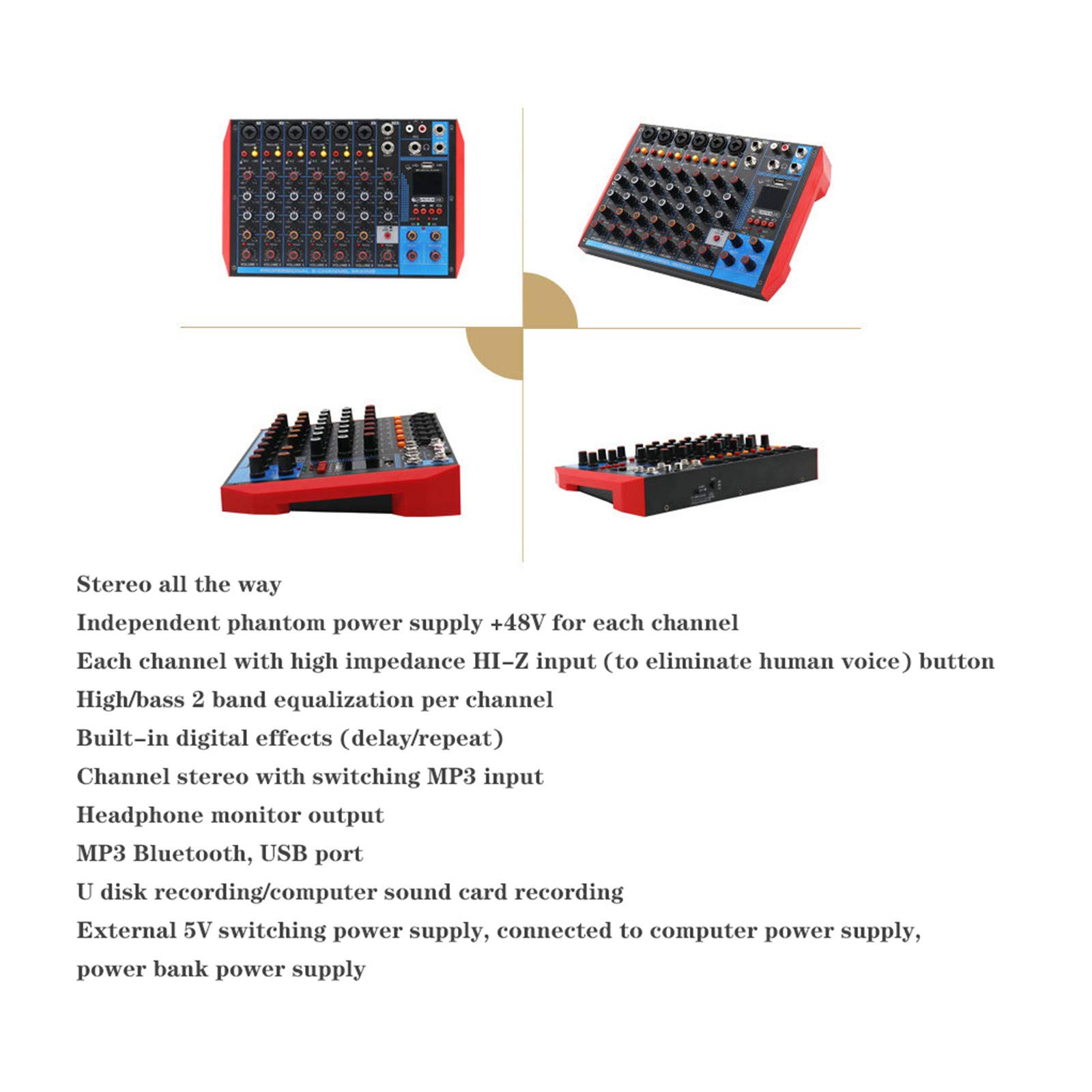 Miksery na żywo 6-kanałowy mikser audio dj z MP3 USB Bluetooth, 16 efektów DSP Echo Mikser do transmisji na żywo, muzyki, karaoke, podcastów