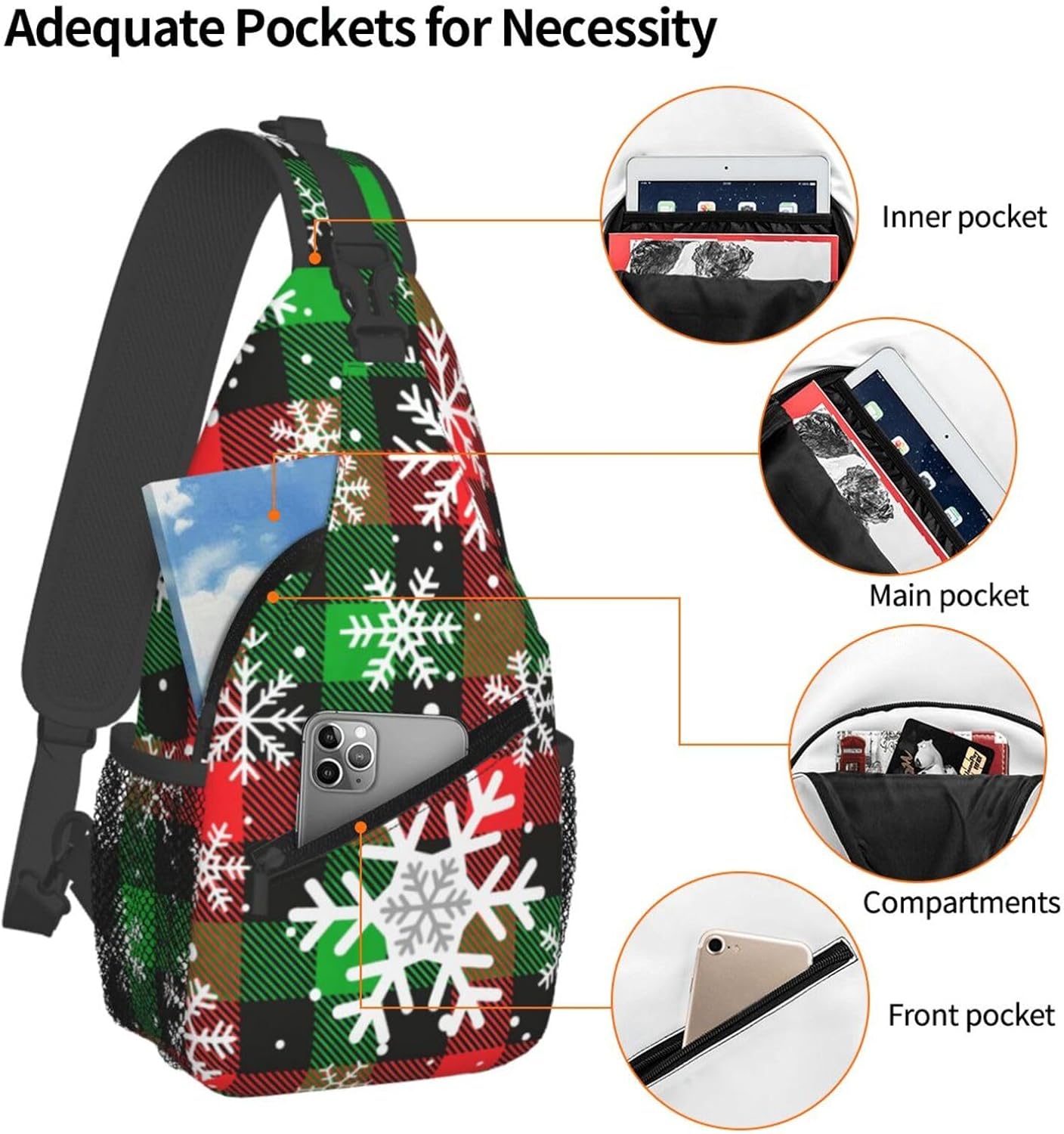 Christmas Crossbody Sling Bag For Women Men Adjustable Christmas Snowflakes With Buffalo Plaid Chest Bag Shoulder Bag Sling Backpack Merry Xmas Daypack image 4