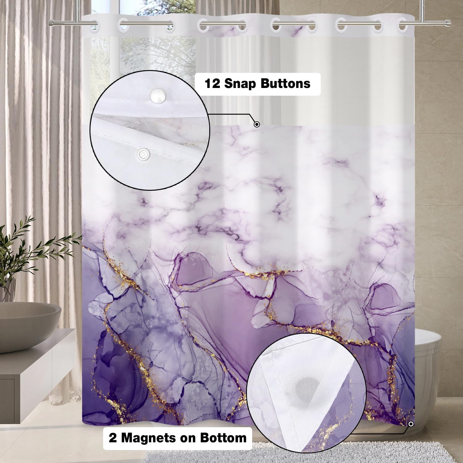 DASHAN Purple Marble No Hook Shower Curtain with Snap in Liner, Abstract Modern Shower Curtains for Bathroom, Luxury Texture Bath Curtain Hotel Fabric Bathroom Curtains 71"x74"