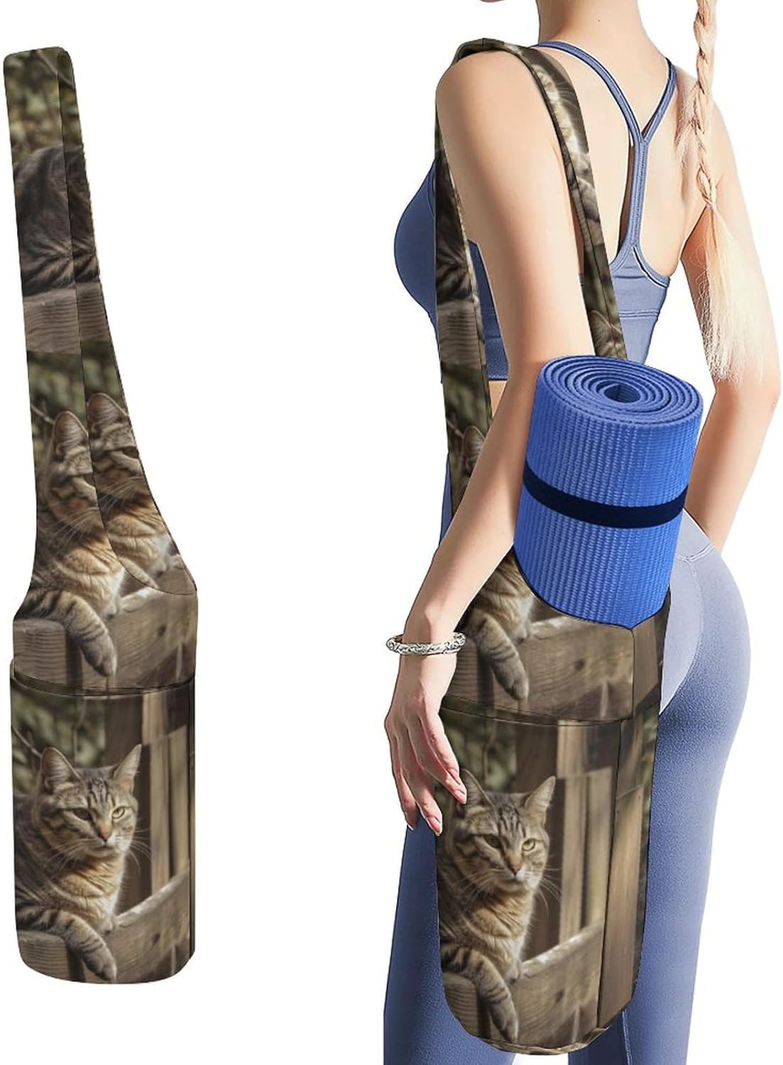 Canvas Yoga Bag,Cat on Wooden Fence Printed Yoga Mat Handbag,Portable Yoga Mat Bag Large Capacity Gym Bag for Men Women Pilates Beach Travel