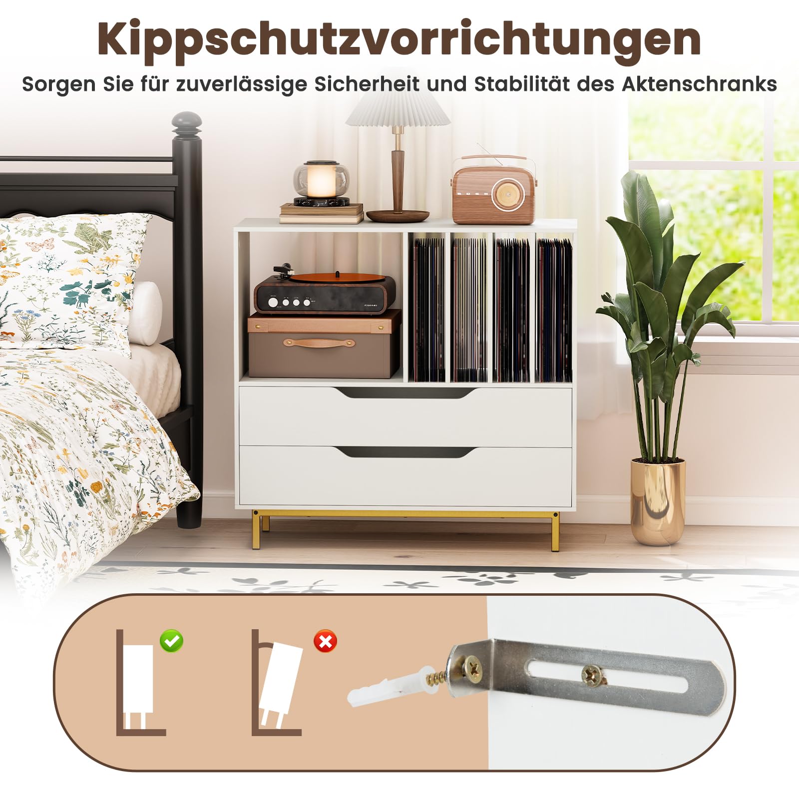 COSTWAY Plattenspielerständer, Mittelalter Plattenspielertisch mit offenem Fach, 4 Vinyl-Fächern & 2 Schubladen, Schallplattenschrank mit Vinylaufbewahrung für Wohnzimmer & Schlafzimmer (Weiß)
