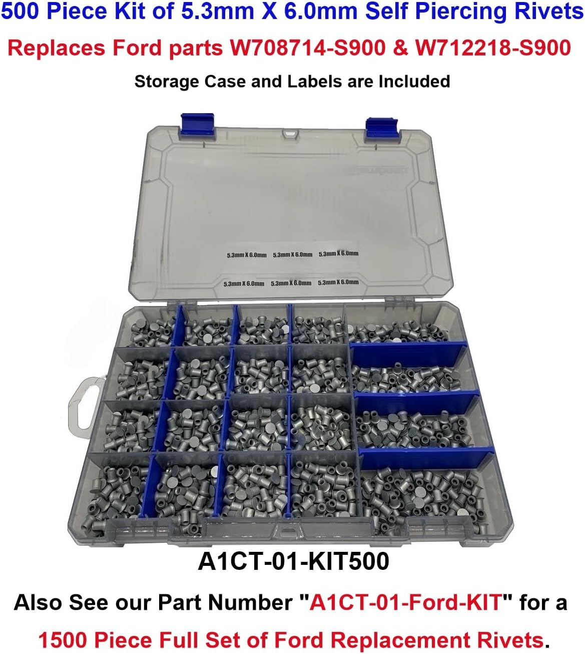 500 Piece Self Piercing Rivet Kit (5.3mm X 6.0mm) - Replacement for W708714-S900 and W712218-S900, Includes Storage Case and Labels