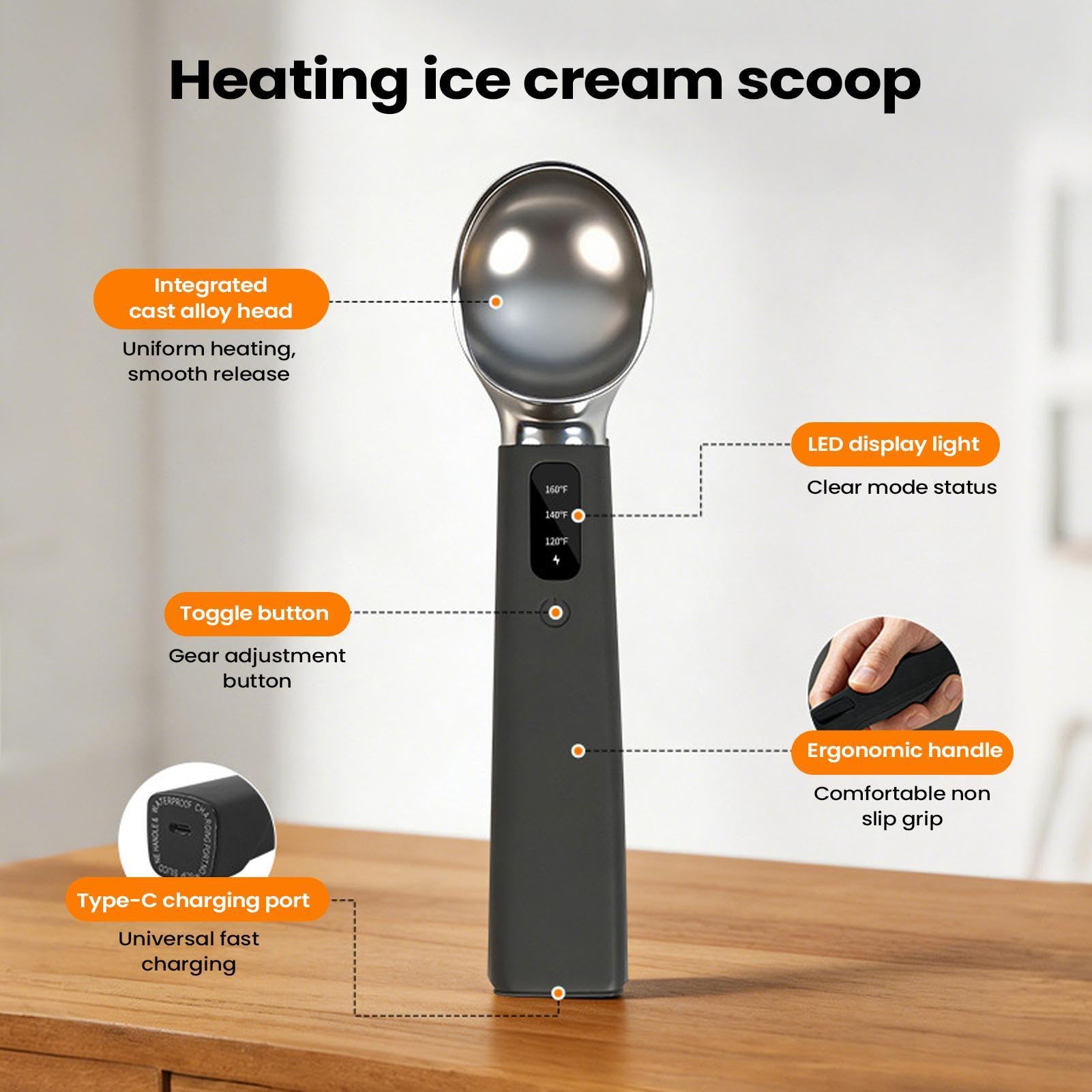 Cuillère à glace électrique pelle rechargeable avec 3 réglages ajustables
