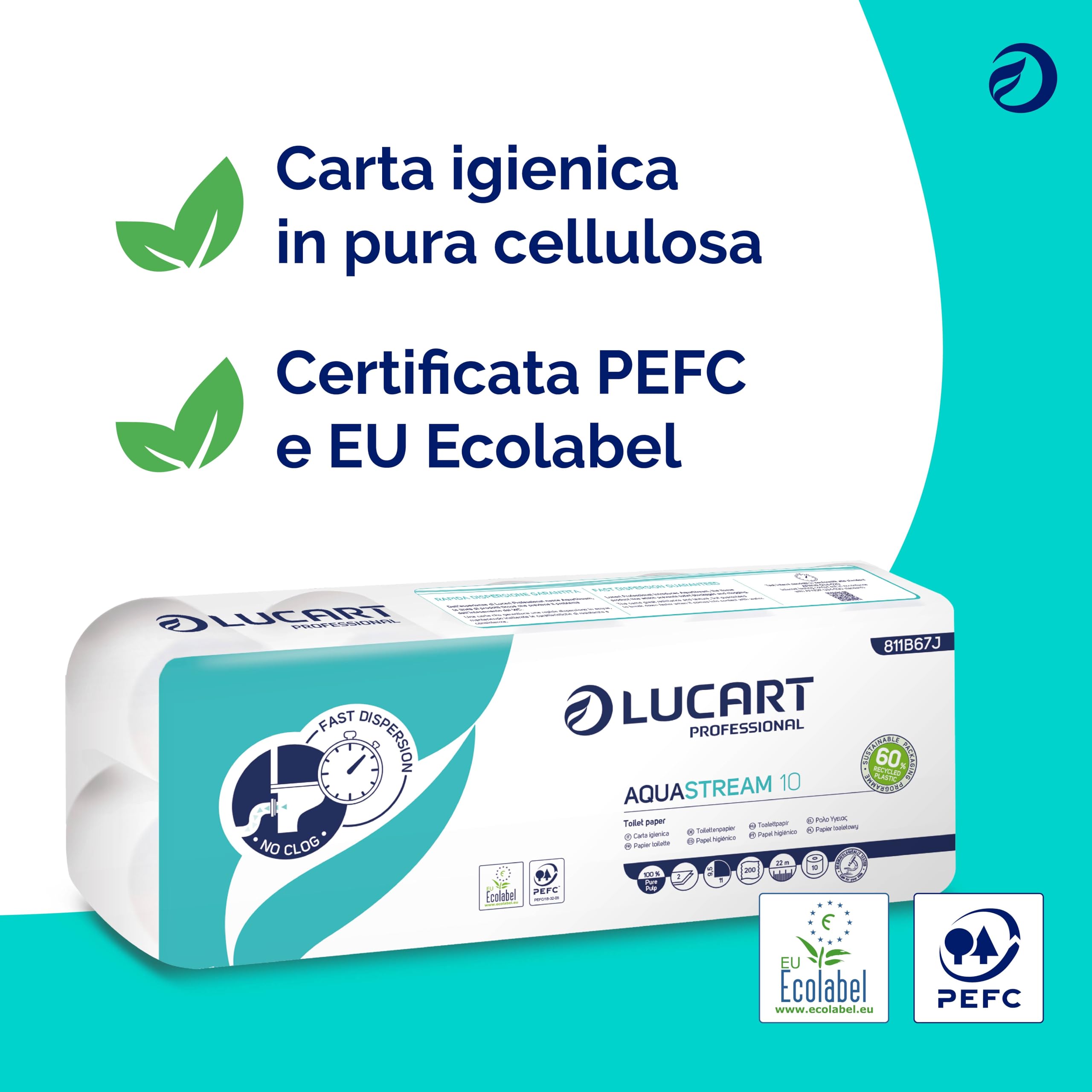Lucart Professional, AquaStream 10, Carta Igienica a Rotolo ad alta dissolvenza in pura cellulosa, 10 Rotoli da 200 strappi per confezione, 9,5x11 cm (L'imballaggio può variare)