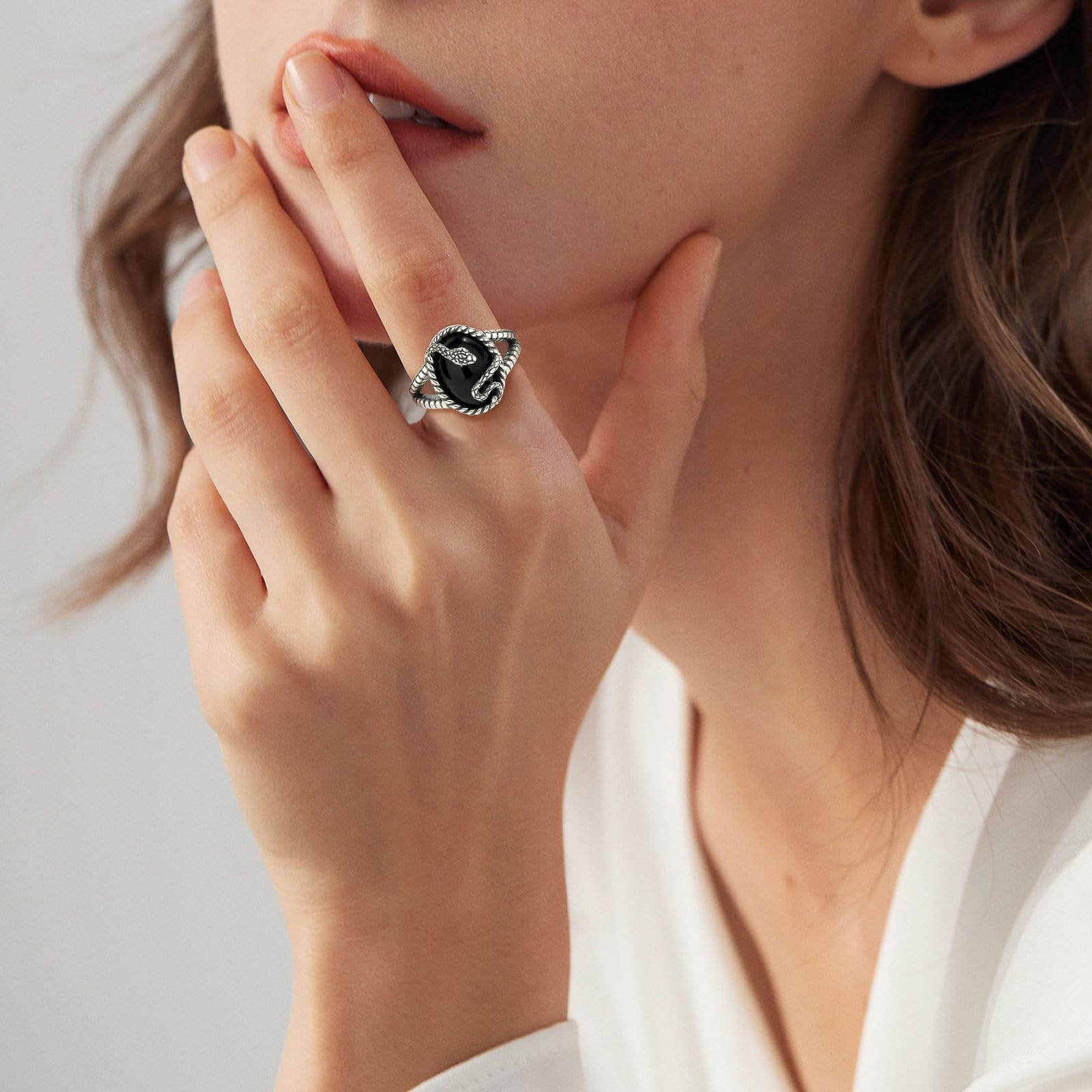AEONSLOVE Anillo Dragón/Calavera Gótica Ajustable Plata de Ley 925 para Hombre Mujer, Anillos Runas Vikingas con Vegvisir Abiertos, Anillo Serpiente Obsidiana/Tetragramaton Pentagrama Vintage