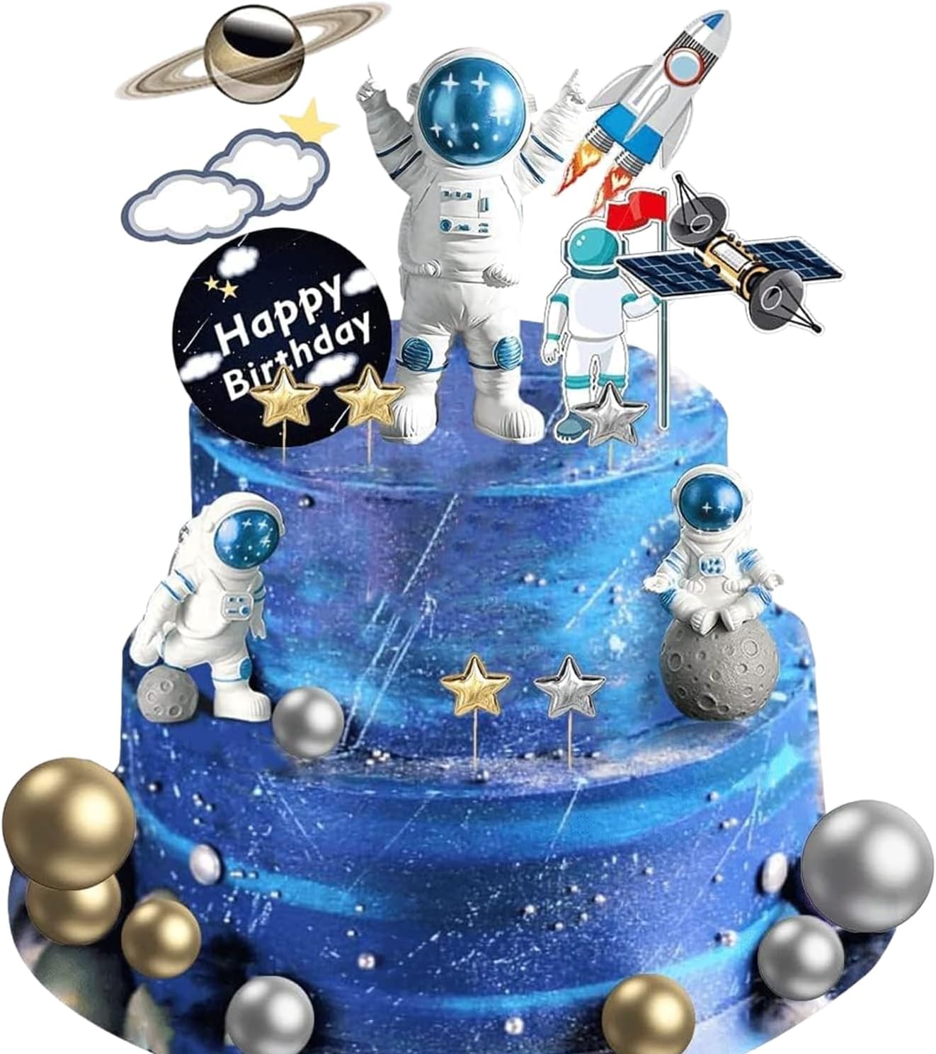 22 Space Cake Toppers, Space Cupcake Toppers Astronaut Figurine Birthday Space Themed Party Decoration Supplies Planet Rocket Pearl Balls and Stars DIY Cake Toppers for Kids Party Baby Shower