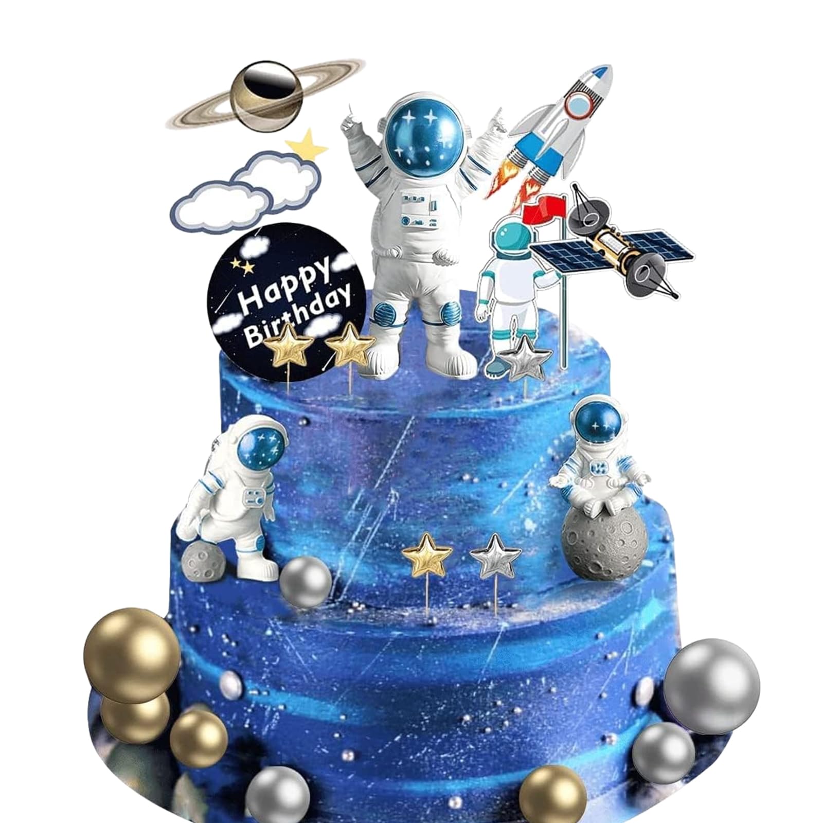 22Pcs Space Cake Topper,Space Cupcake Toppers Astronaut Figurine Birthday Outer Space Themed Party Decorations Supplies Planet Rocket Pearl Balls and Star DIY Cake Toppers for Kids Party Baby Shower