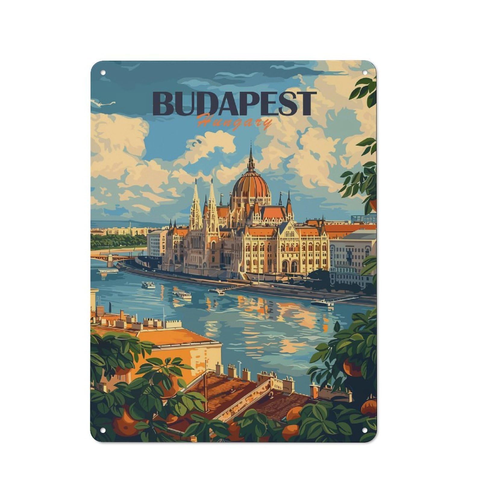 Junmoney Style-2 Casual Budapest Travel Shed Metal Sign 40X30cm, Utility Space Decor For Shed, Garden Room, Porch Or Garage