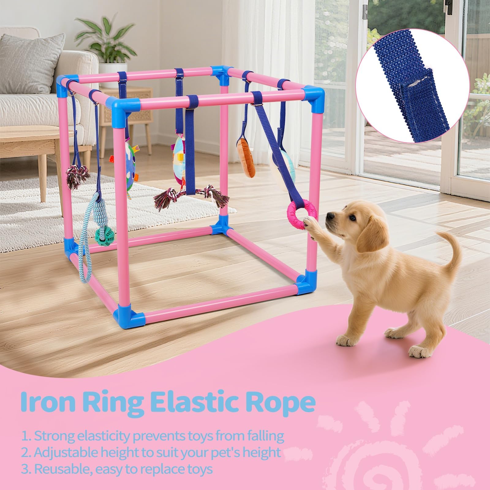 Liitrton Welpenspielstudio – Spielstudio für kleine Hunde mit 8 hängenden Spielzeugen, Indoor-Welpen-Dschungel-Fitnessstudio mit interaktivem Hundespielzeug, 49,5 x 49,5 x 49,5 cm, PVC-Rahmen (Rosa) | 49,5 x 49,5 x 49,5 cm PVC-Rahmen, Indoor-Welpen-Dschun