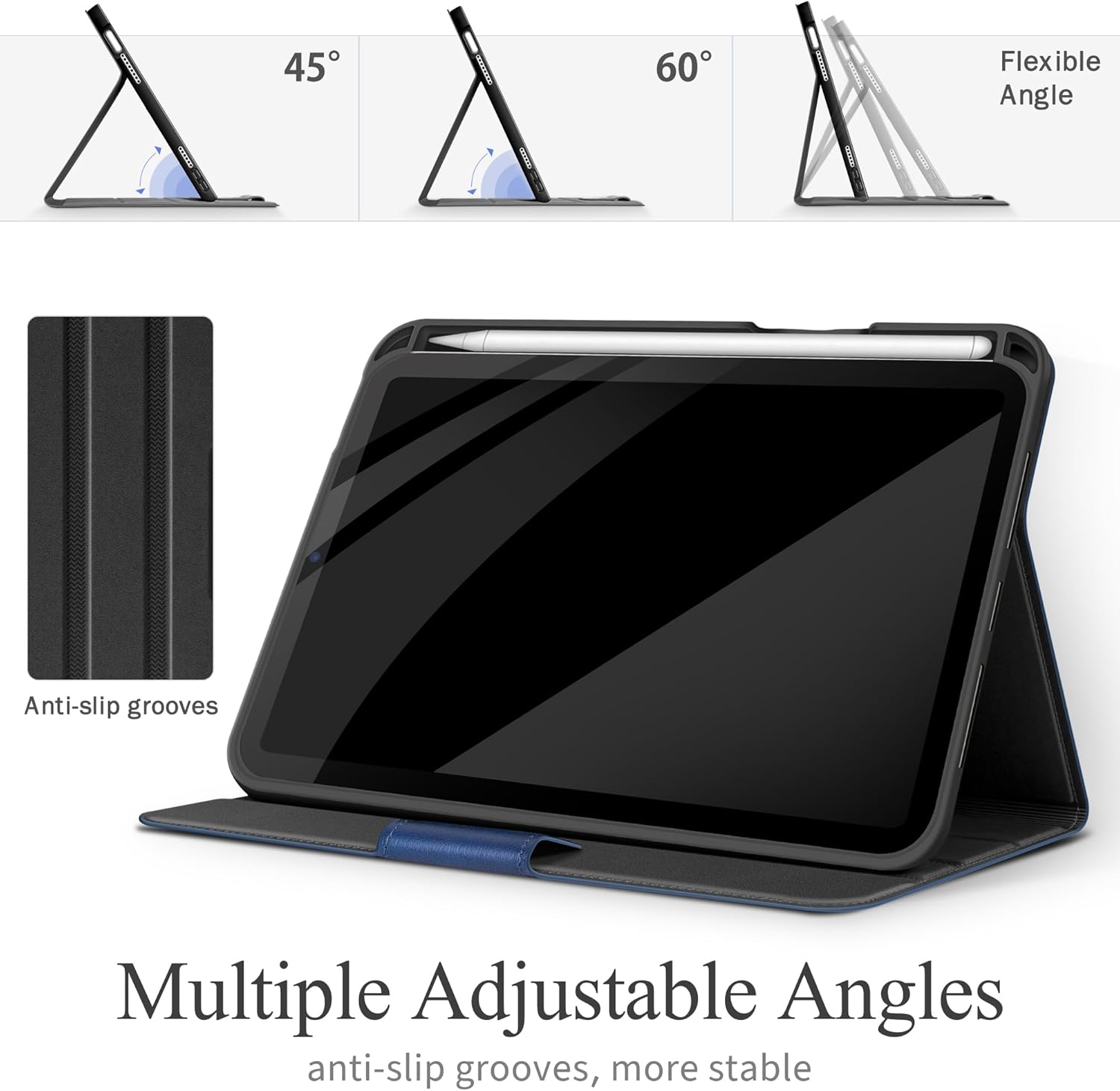 auaua Case for iPad mini 7 (A17 Pro), iPad mini 7th/6th Generation (2024/2021 8.3-inch), with Front Pocket Pencil Holder, Typing Angle Muti-Stand Magnetic Closure Auto Sleep/Wake (Blue)