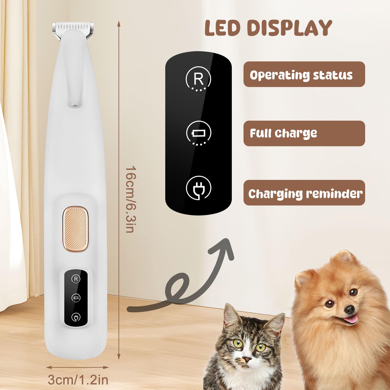 VicBou Tondeuse pour Chien et Chat - Rechargeable USB, Faible Bruit, Électrique avec LED - Pour Pattes, Yeux, Oreilles, Visage, Croupe