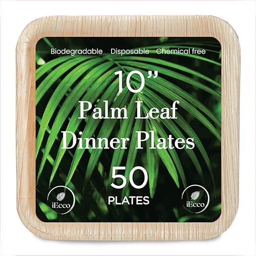 Platos de hoja de palma  Paquete de 50 unidades, cuadrados de 10 pulgadas, compostables, biodegradables, bambú alternativo, resistentes, aptos para