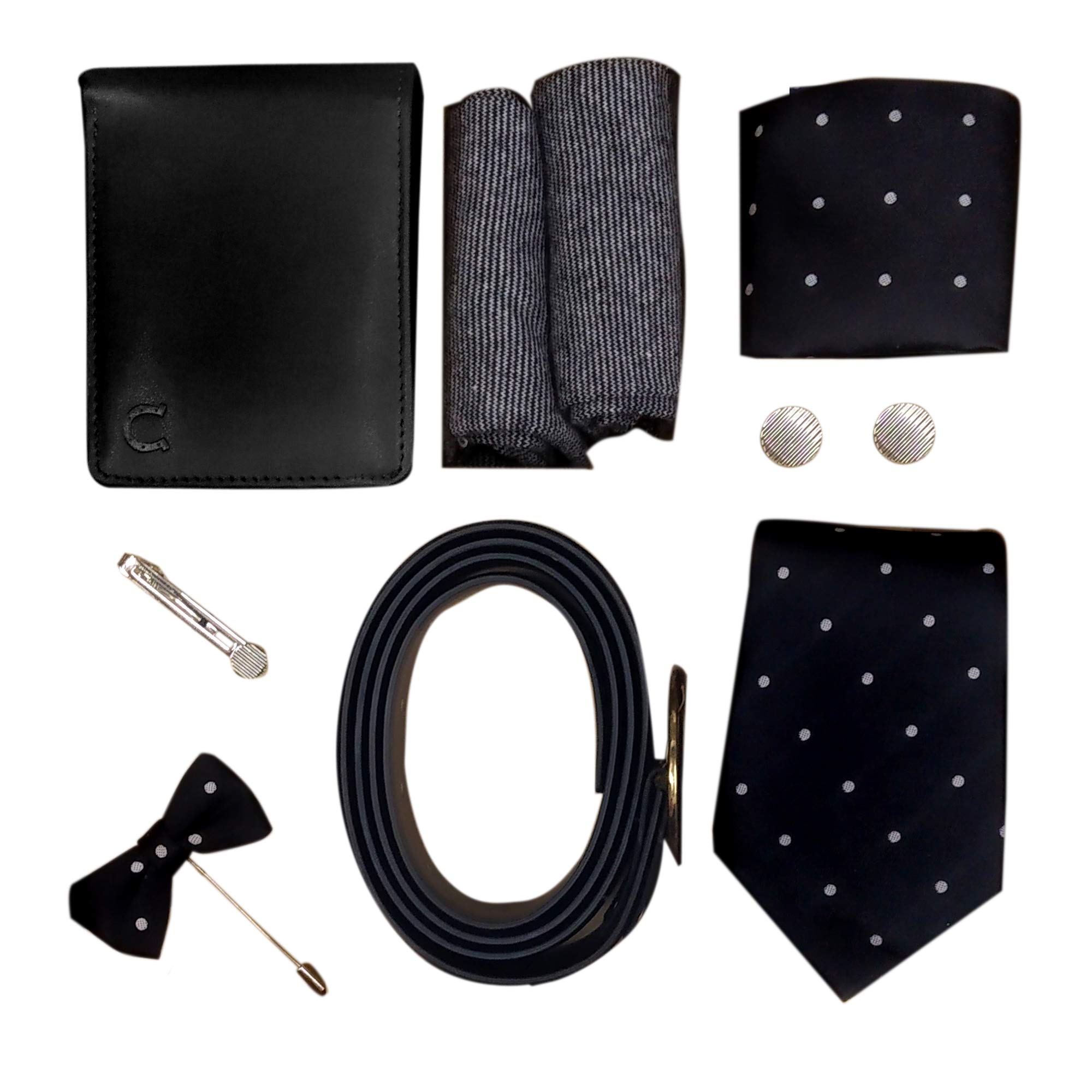 BLACKSMITHBlack Polka Dot Tie, Cufflink, Pocket Square, Socks, Brouches Lapel Pin, Tie Clip, Belt, Wallet, Set for Men Wedding And Marriage Groom Accessories For Blazer Suit