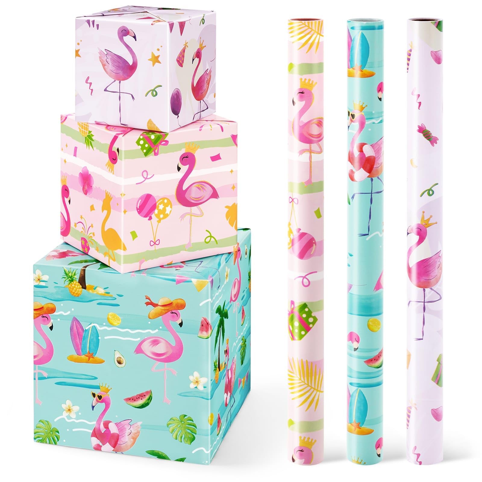 WERNNSAI Flamingo Wrapping Paper Rolls - 3 Short Rolls Birthday Wrapping Paper Pink Flamingo Gift Packing Supply for Kids Summer Hawaii Party with Cut Lines 17 in x 10 ft — image 1