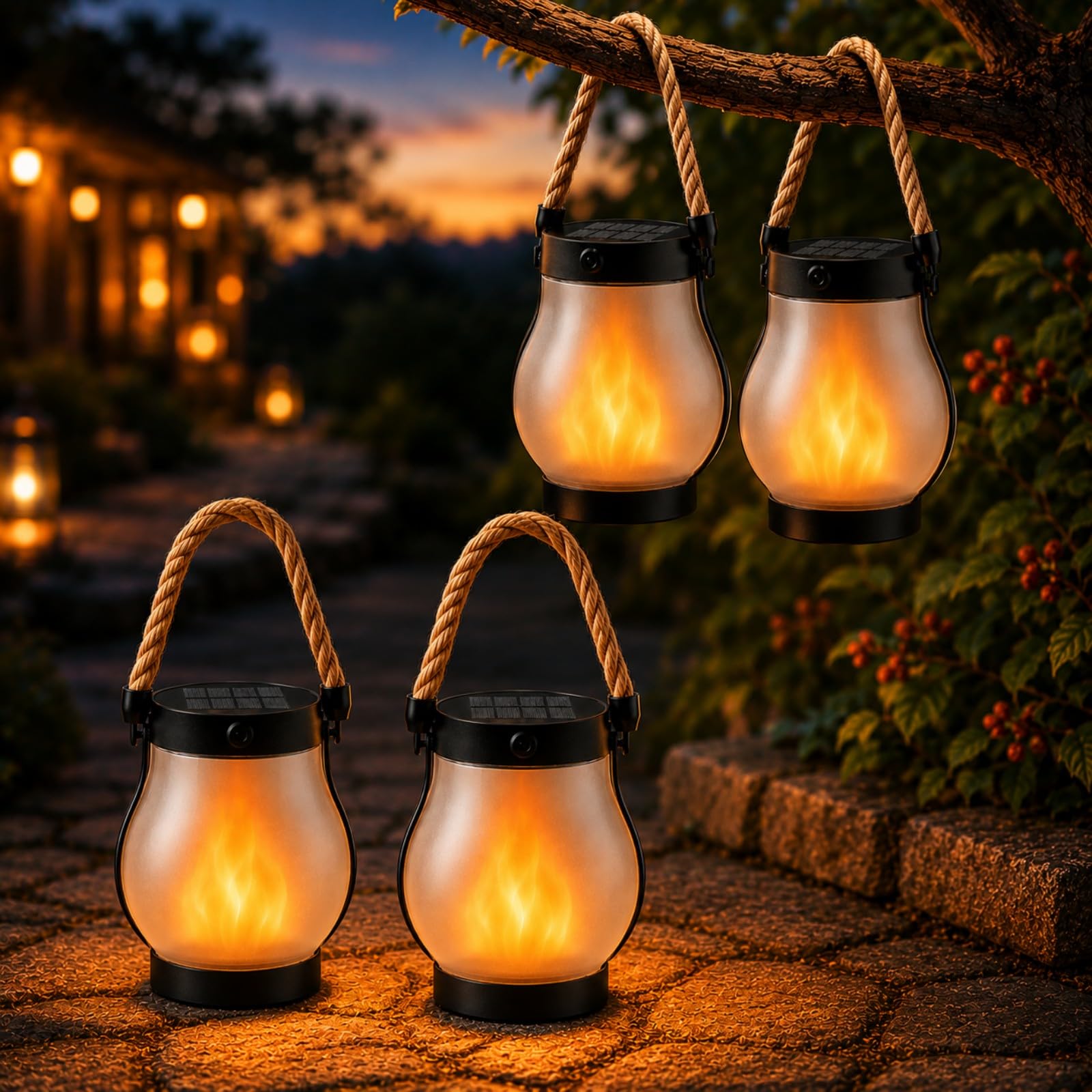 Solar Flame Lantern Outdoor Lights, Waterproof Hanging Lantern with Dancing Flickering Flame, Decorative Garden Light for Patio, Yard, Pathway & Outside Decor (Flame (4-Piece Set))