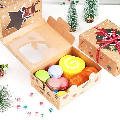 Miniatura 6 de CCINEE Cajas de galletas de Navidad, caja de regalo de papel kraft con cintas de ventana para suministros de regalo de dulces de panadería, paquete