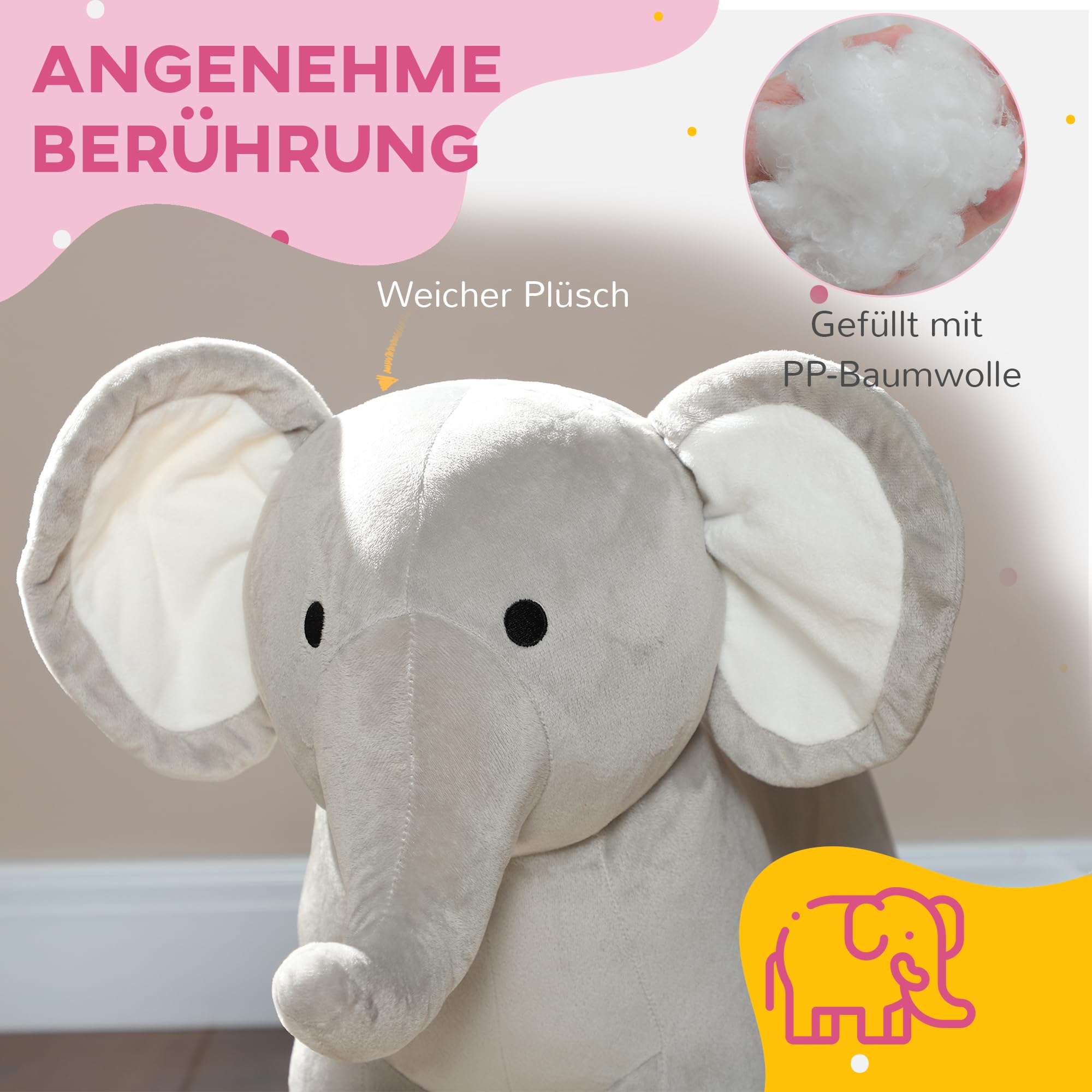 AIYAPLAY Bujane zwierzątko bujane z funkcją dźwiękową i uchwytami, zabawka na biegunach o pluszowym wyglądzie, słonie, fotel bujany dla dzieci w wieku 2-4 lat, szary