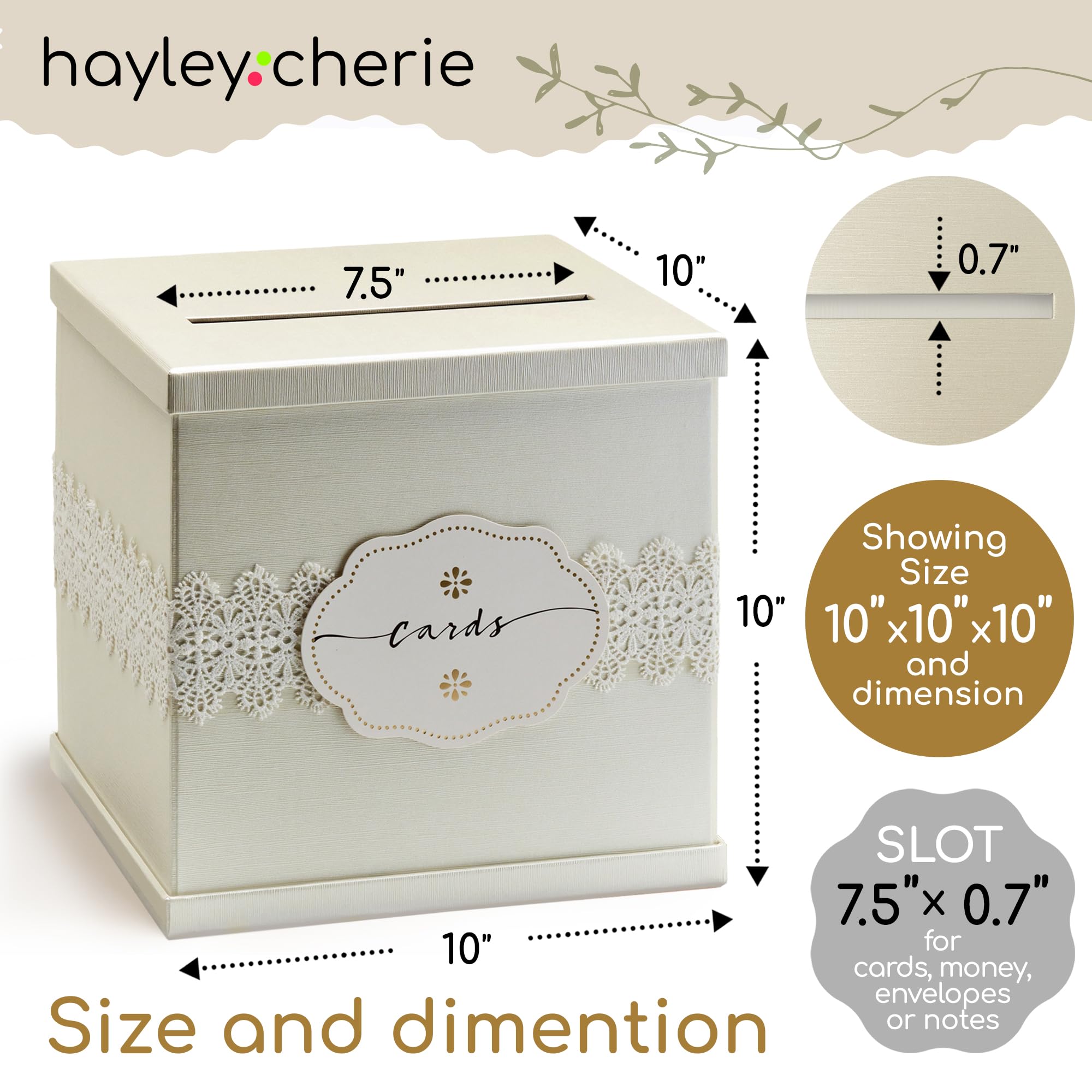 Hayley Cherie Pudełko na karty podarunkowe w kolorze kości słoniowej z teksturowanym wykończeniem z białej koronki - duży rozmiar 25 cm x 25 cm - na przyjęcia weselne, wieczór panieński i baby shower