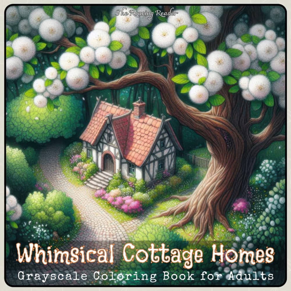 Whimsical Cottage Homes Grayscale Coloring Book for Adults: A Cozy Coloring Book Featuring Peaceful Fairycore Cottages, Blooming Trees and Storybook ... and Stress Relief (Whimsical Houses)