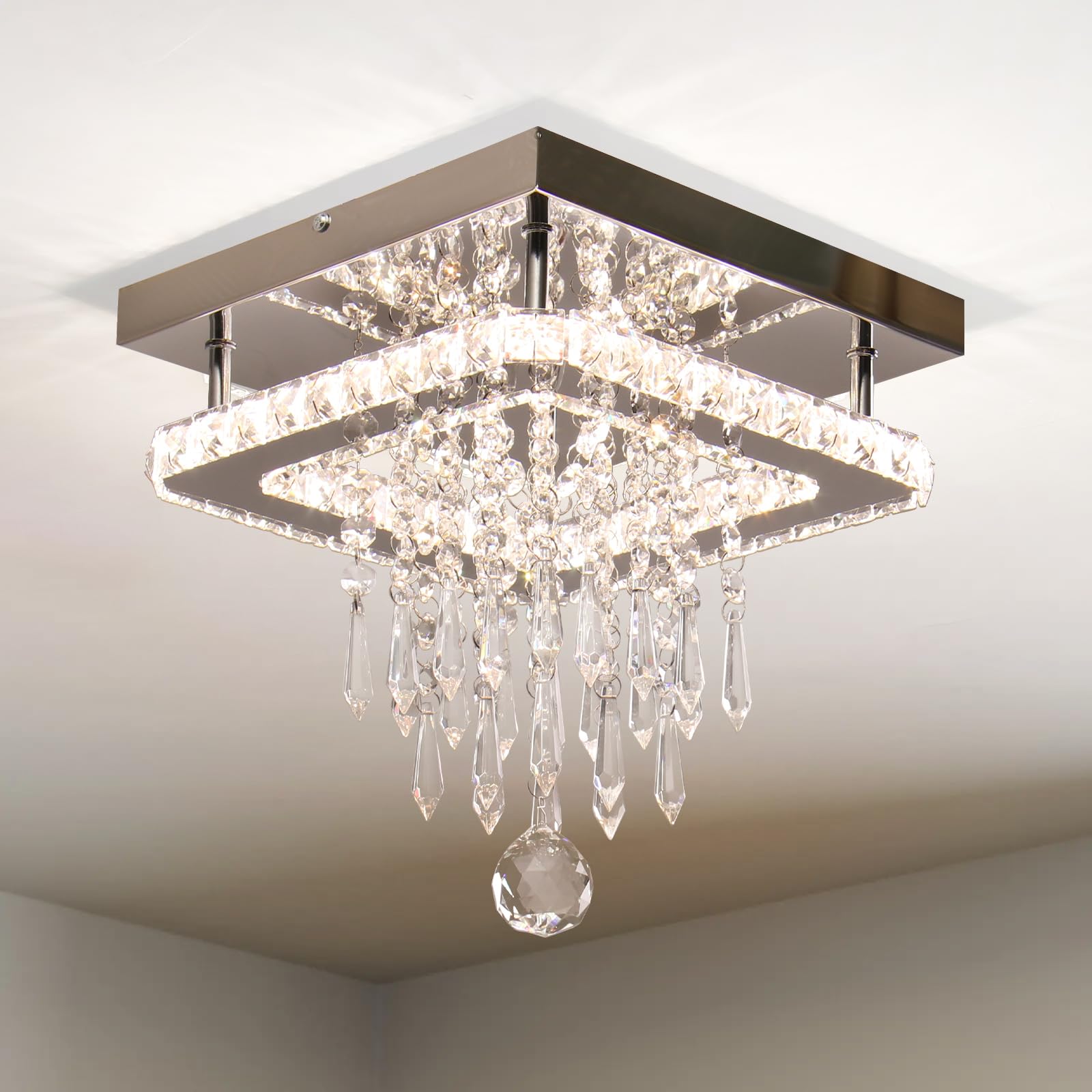 LED Crystal Chandelier Square Crystal Ceiling Light Modern Flush Mount Ceiling Light Fixture for Dining Room Bedroom Living Room Hallway（Multicolor）