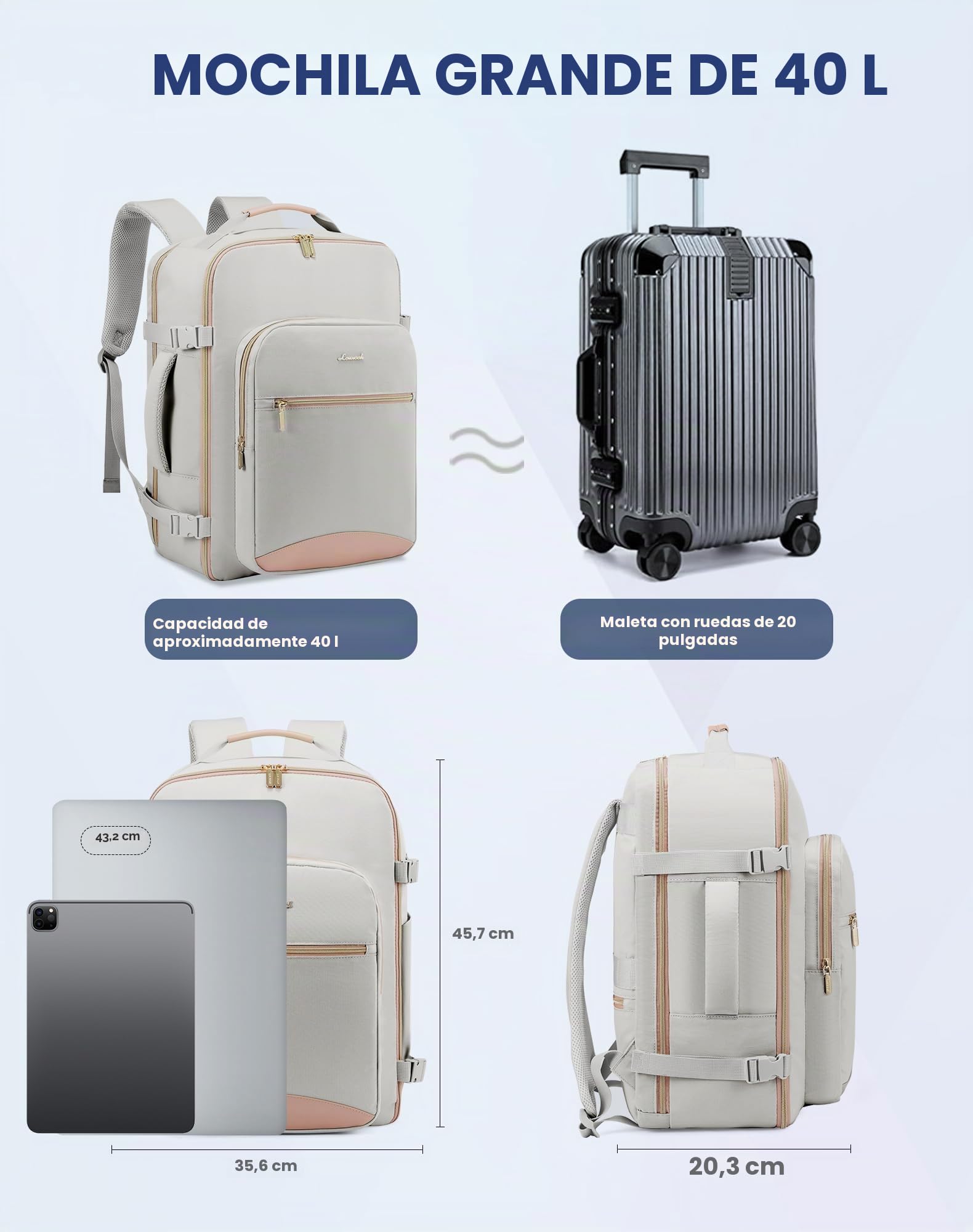 LOVEVOOK Mochila de Viaje, Impermeable 30L Mochilas Maletas Cabina Avion | para Easyjet Ryanair, Bolsa de Viaje Mujer Equipaje de Mano Computadora portátil 15,6 Pulgadas