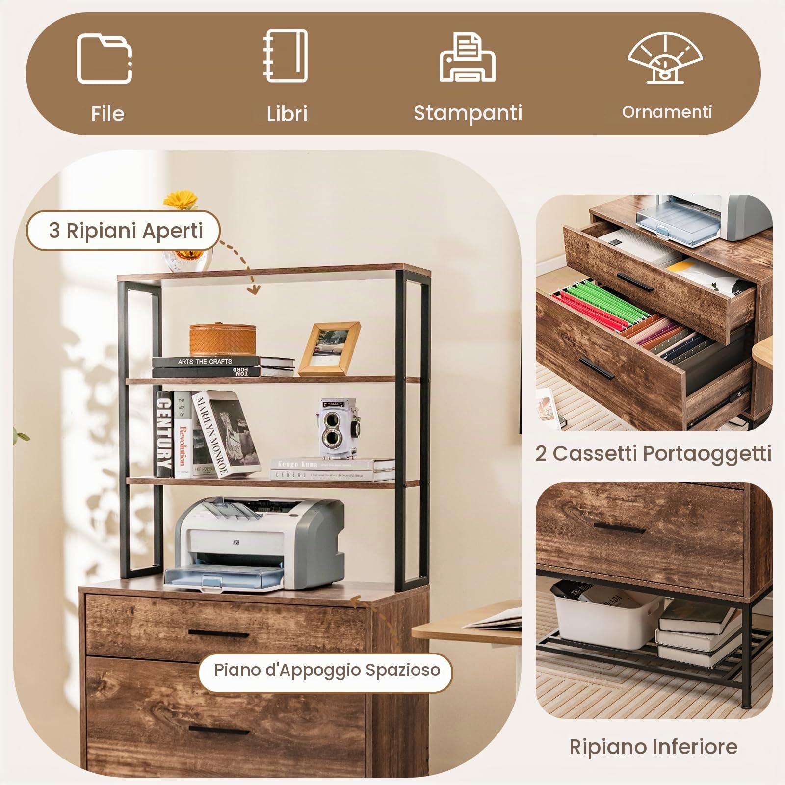 KOMFOTTEU Libreria Scaffale con 2 Cassetti, Mobile di Stoccaggio con Dispositivo Antiribaltamento, Armadietto per Soggiorno, Ufficio, Camero da Letto, 75 x 40 x 156 cm (Marrone)