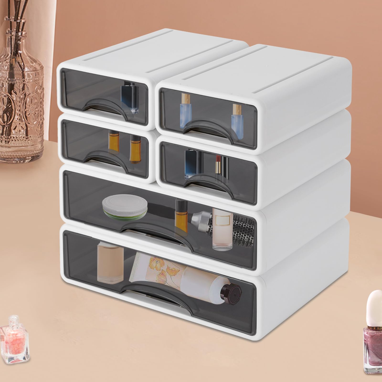 Set di 6 cassetti da scrivania, impilabili a 4 strati, con cassetto, impilabile, per cancelleria, trucco, gioielli, ufficio, artigianato, supplies (bianco)